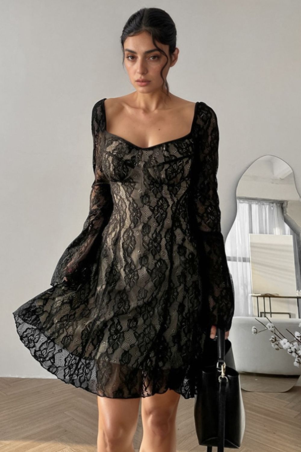 Buy Lace Sweetheart Neck Flare Sleeve Mini Dress by Faz