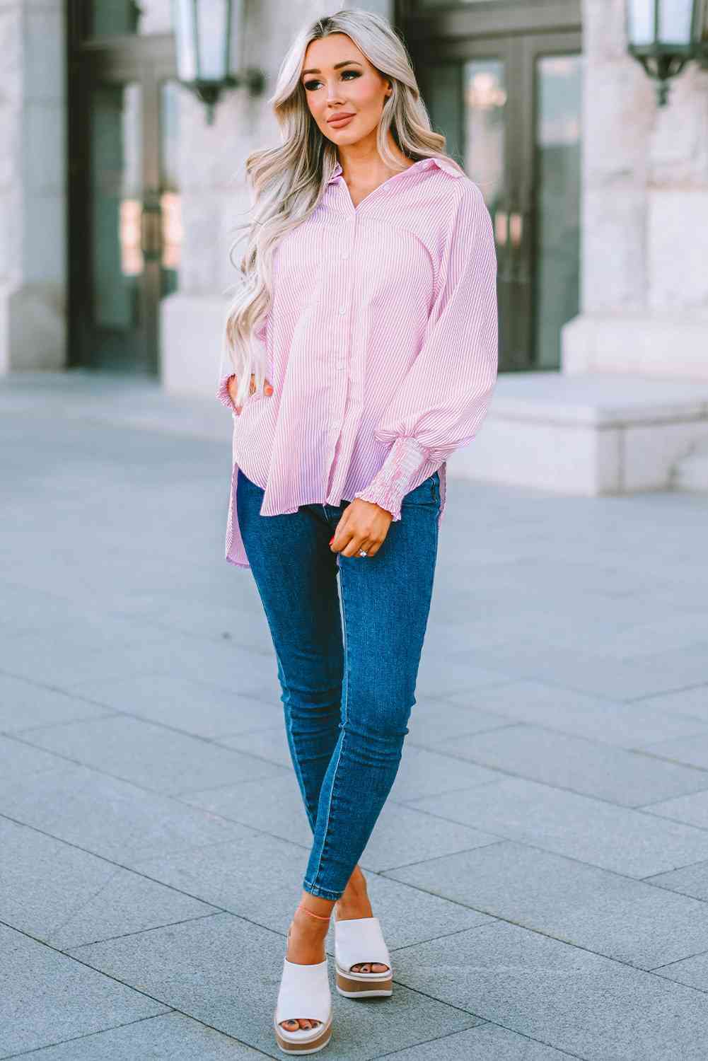Buy Striped Lantern Sleeve Collared Shirt by SYNZ