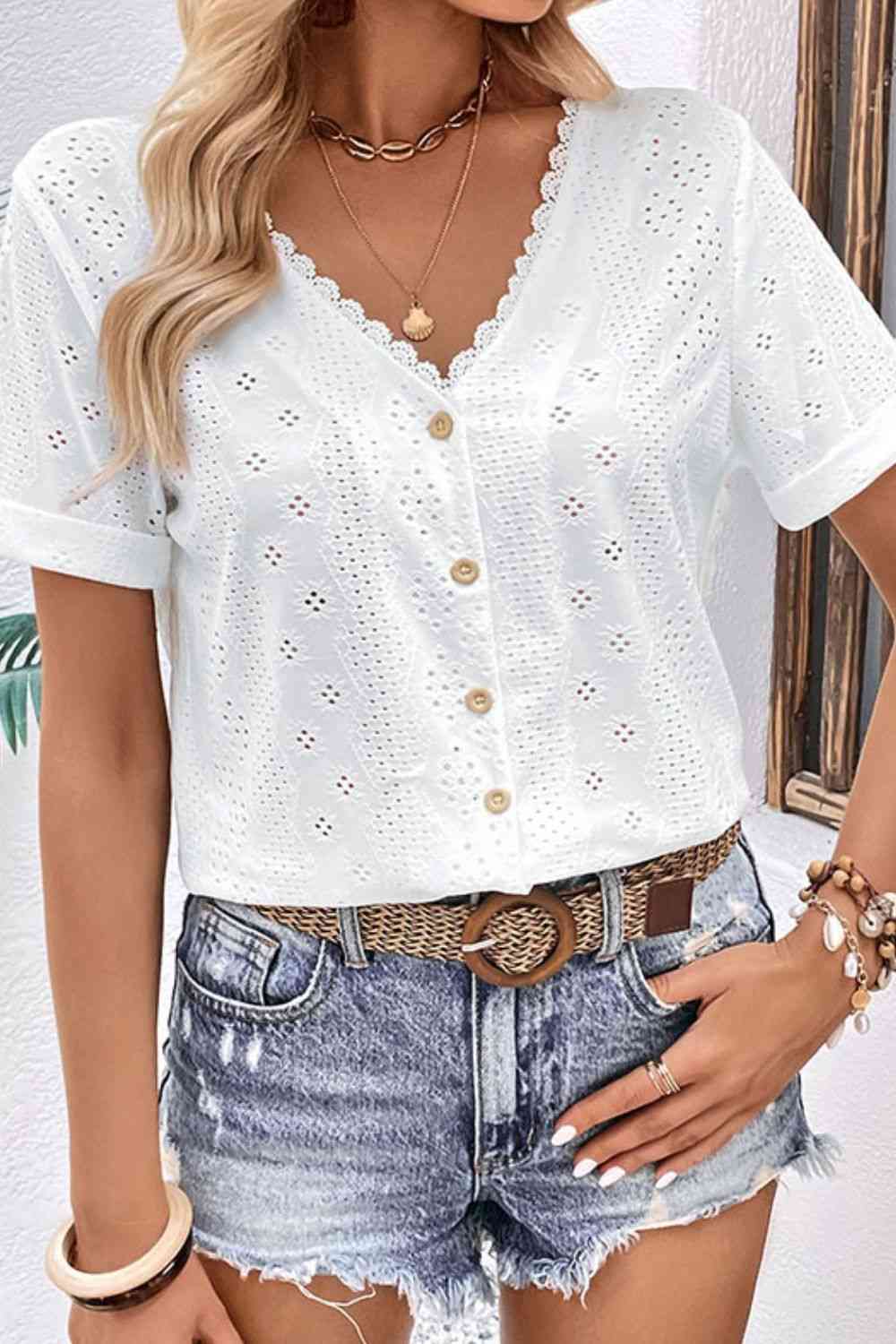 Buy Perfee Eyelet Short Sleeve Double-Sided Shirt by Hundredth