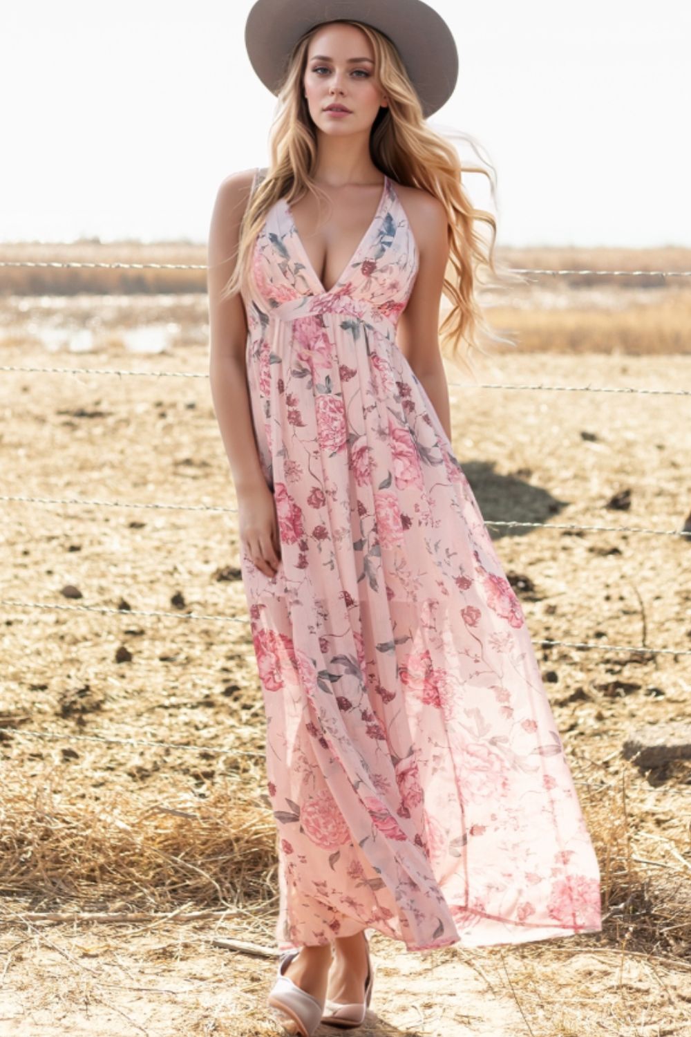 Floral Pleated Deep V Backless Maxi Dress
