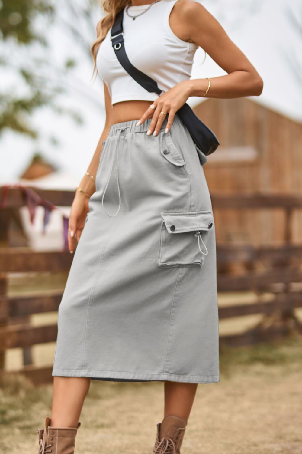 Buy Drawstring Waist Slit Denim Skirt by Faz