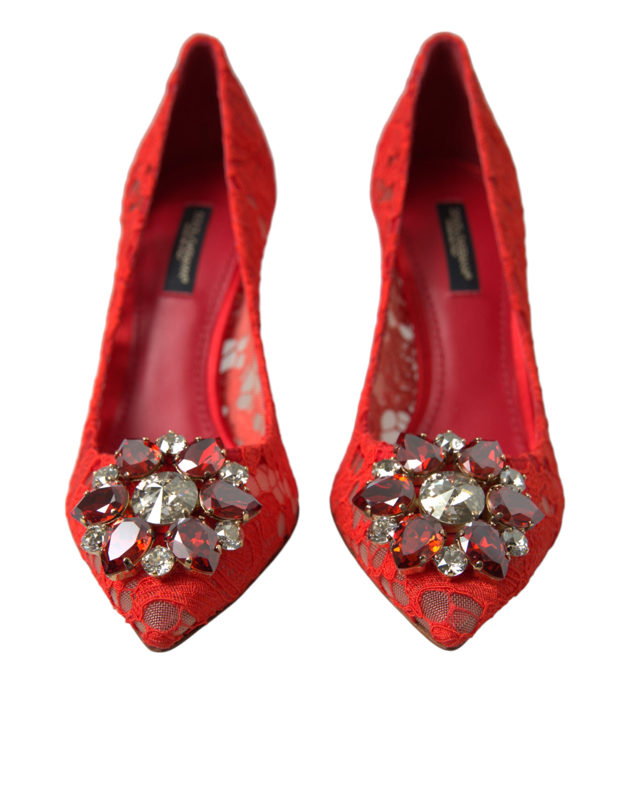 Exquisite Crystal-Embellished Red Lace Heels