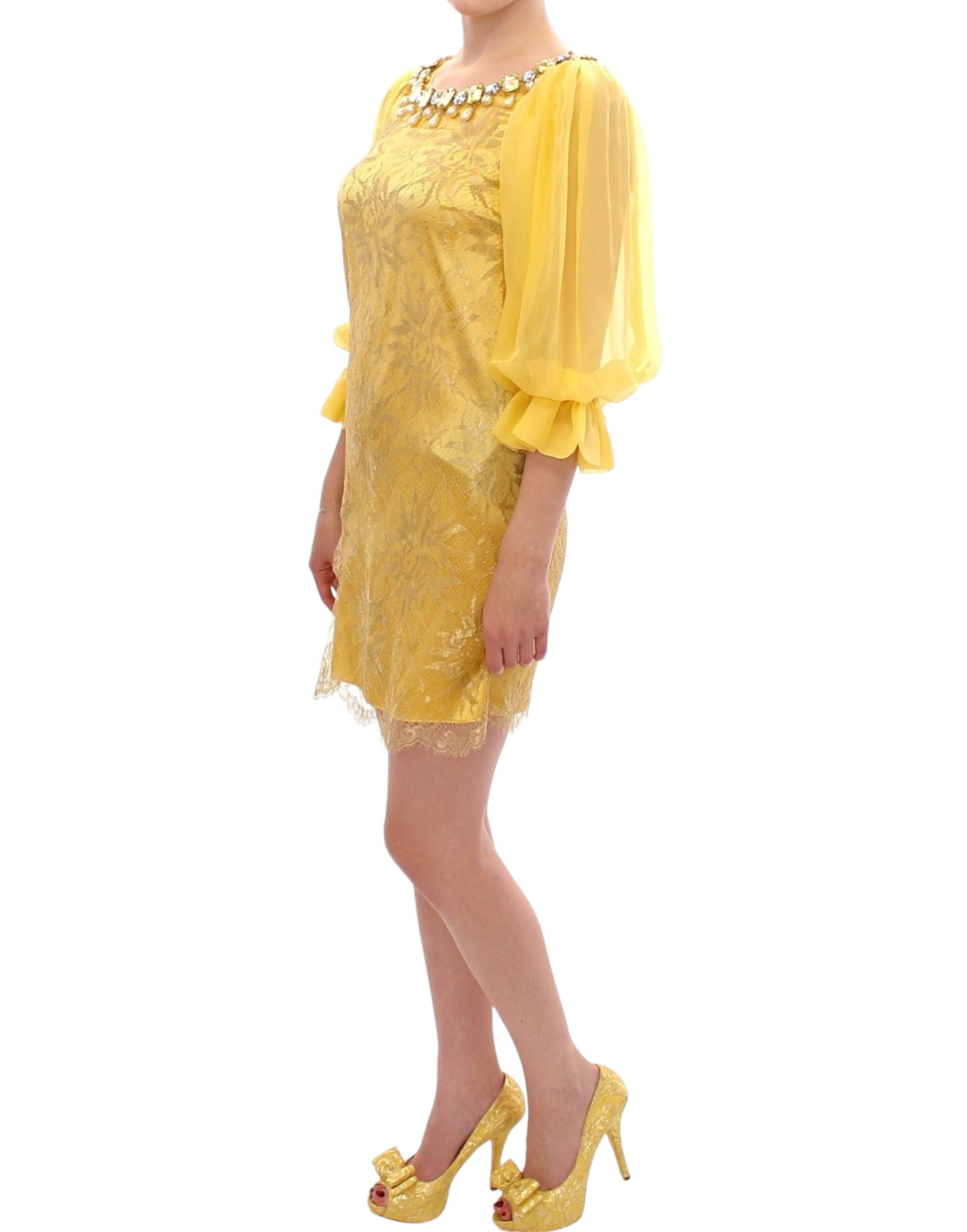 Buy Yellow Lace Crystal Embellished Mini Dress by Dolce & Gabbana