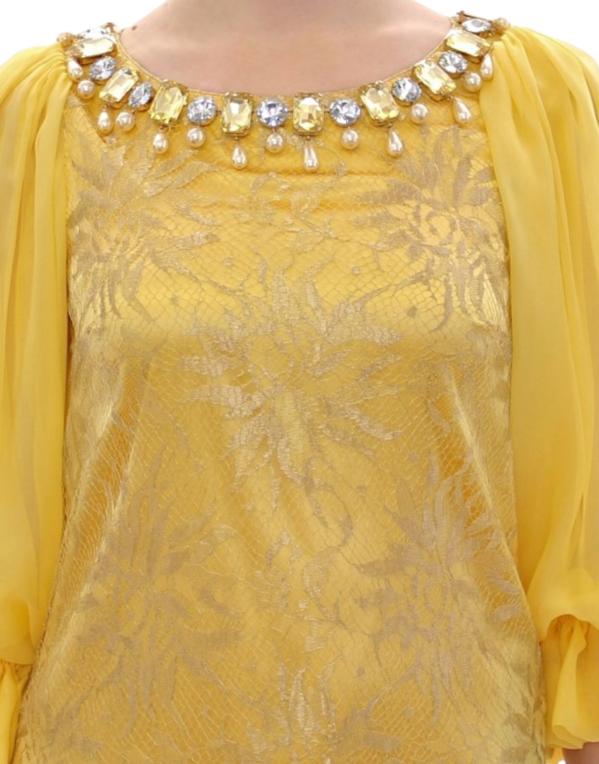 Buy Yellow Lace Crystal Embellished Mini Dress by Dolce & Gabbana