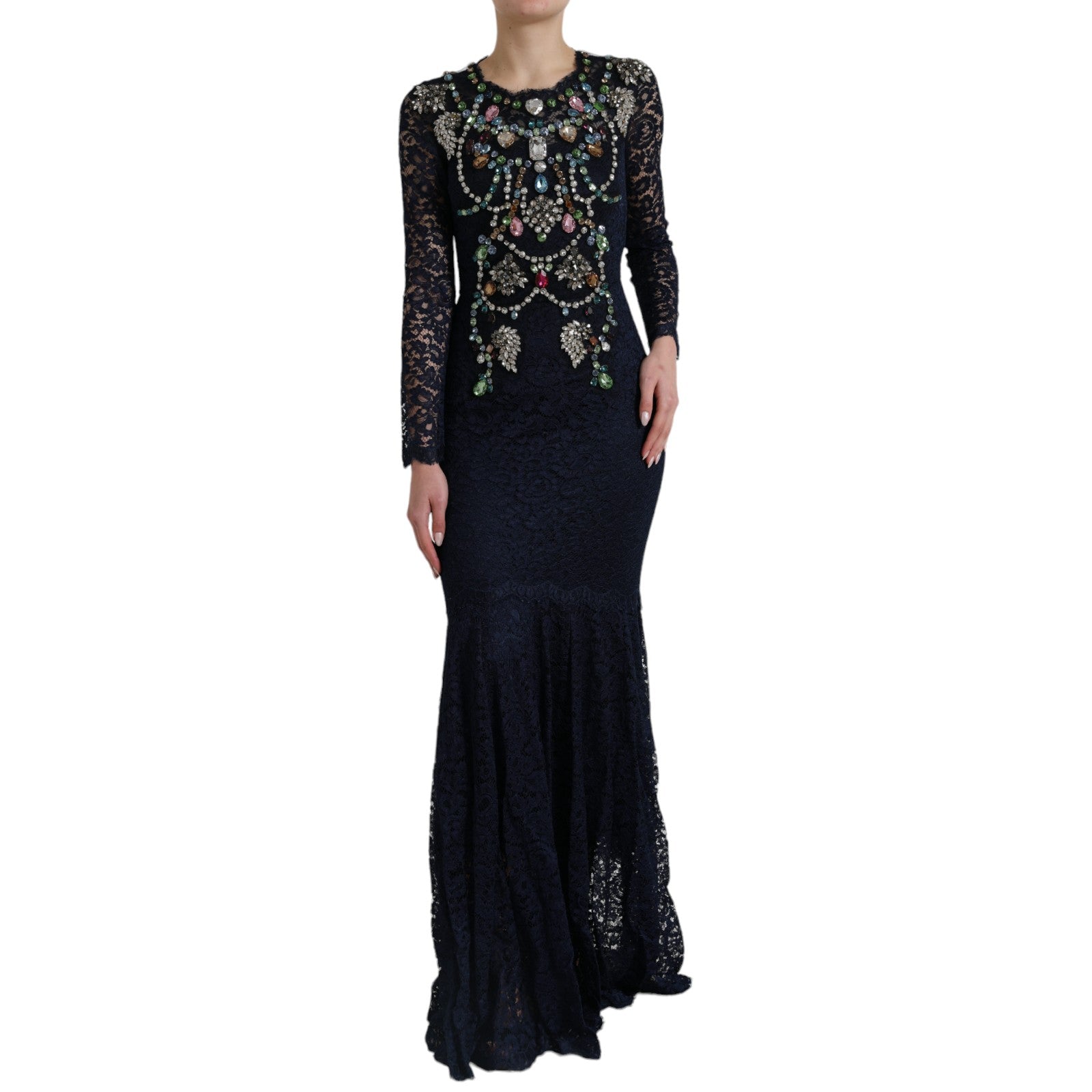 Buy Crystal Embellished Navy Blue Flare Dress by Dolce & Gabbana