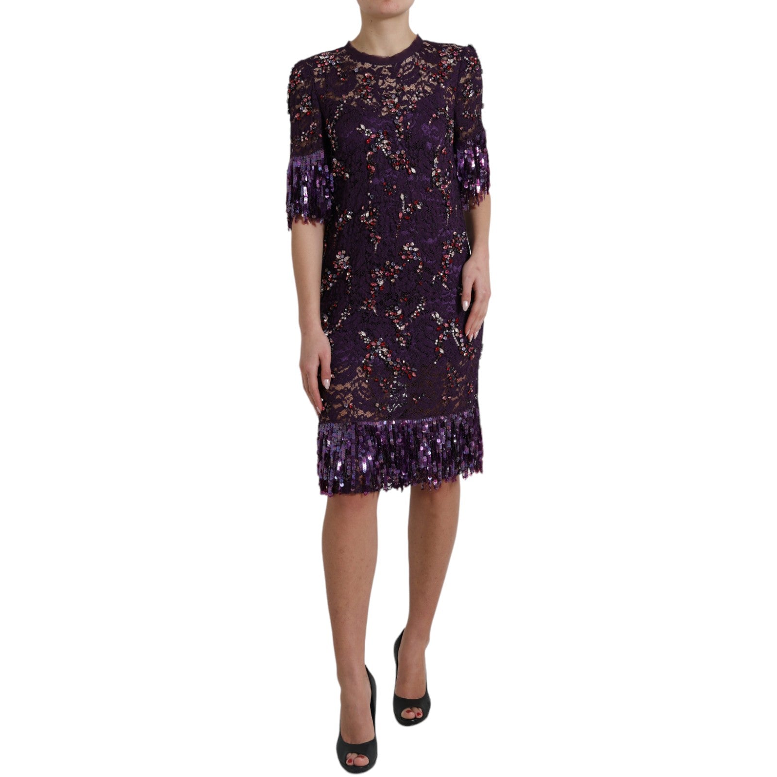 Buy Elegant Purple Floral Lace Crystal Dress by Dolce & Gabbana