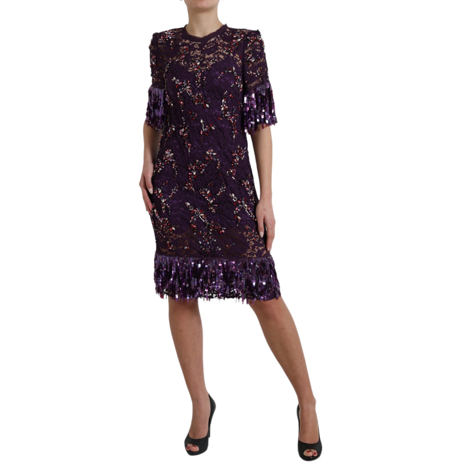 Buy Elegant Purple Floral Lace Crystal Dress by Dolce & Gabbana