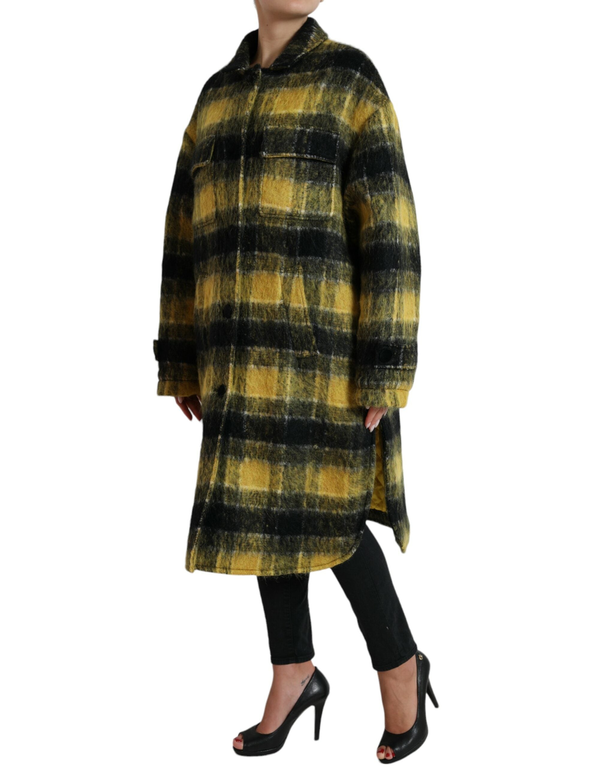 Chic Plaid Long Coat in Sunshine Yellow