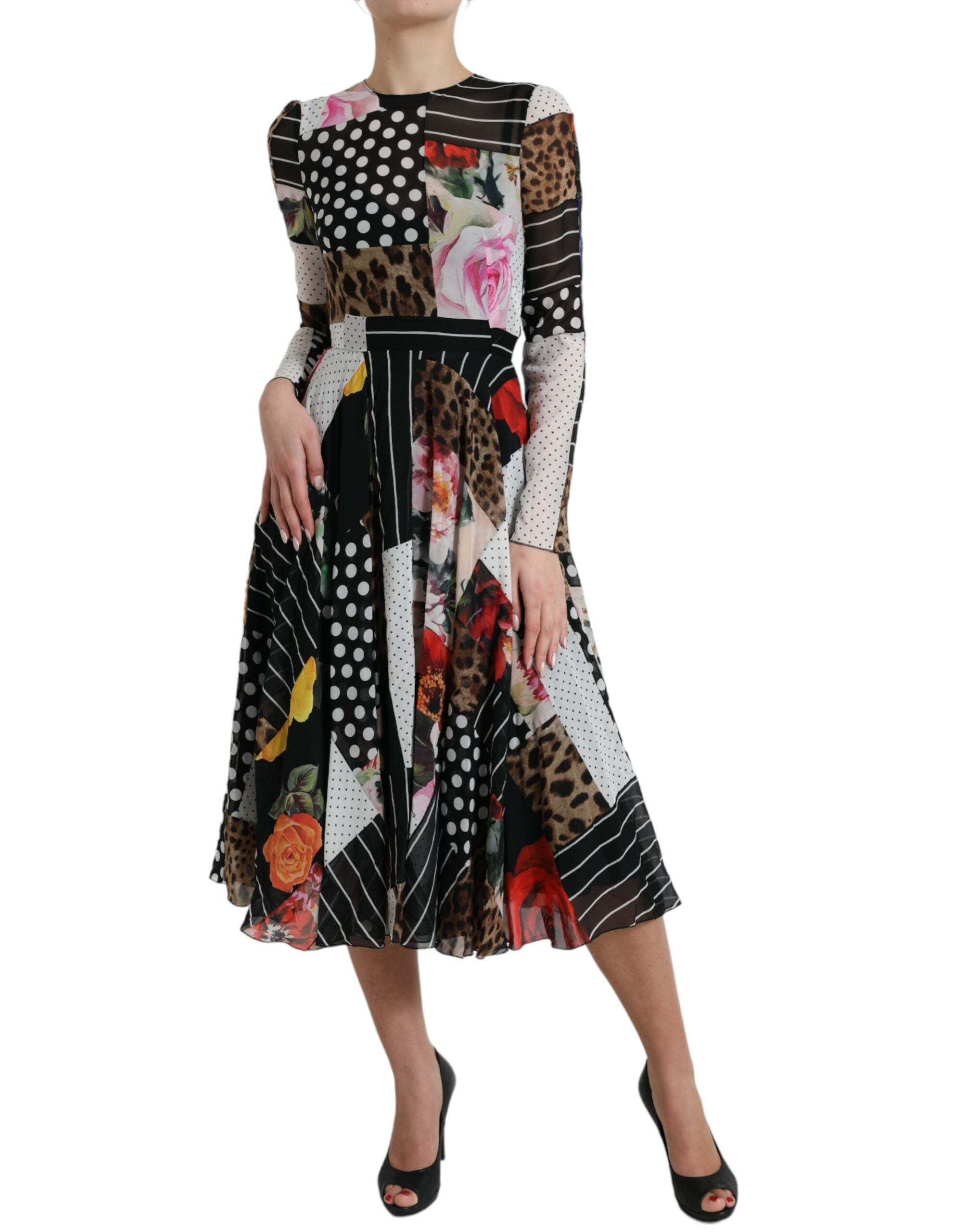 Elegant Patchwork Silk Midi A-Line Dress