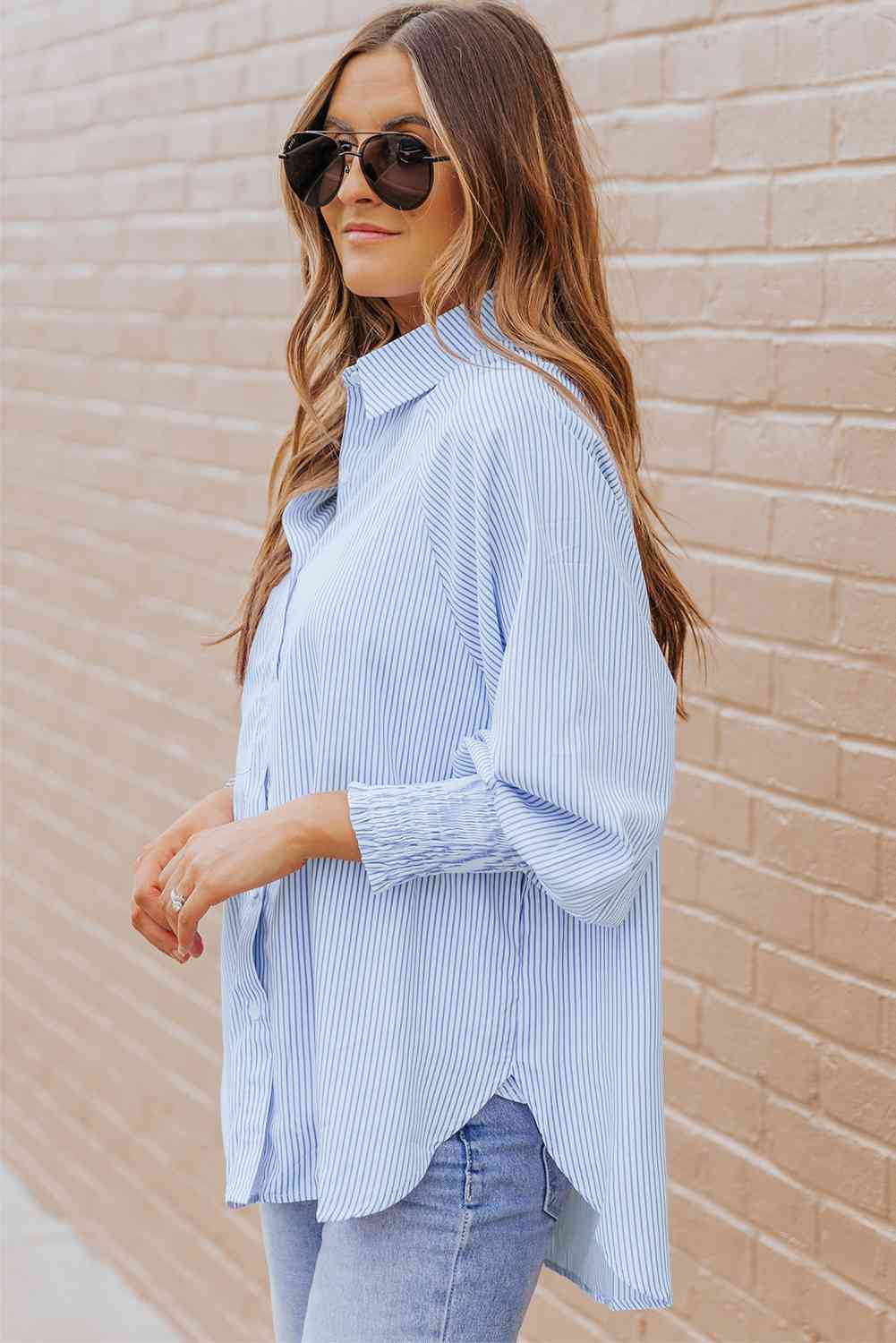 Buy Striped Lantern Sleeve Collared Shirt by SYNZ
