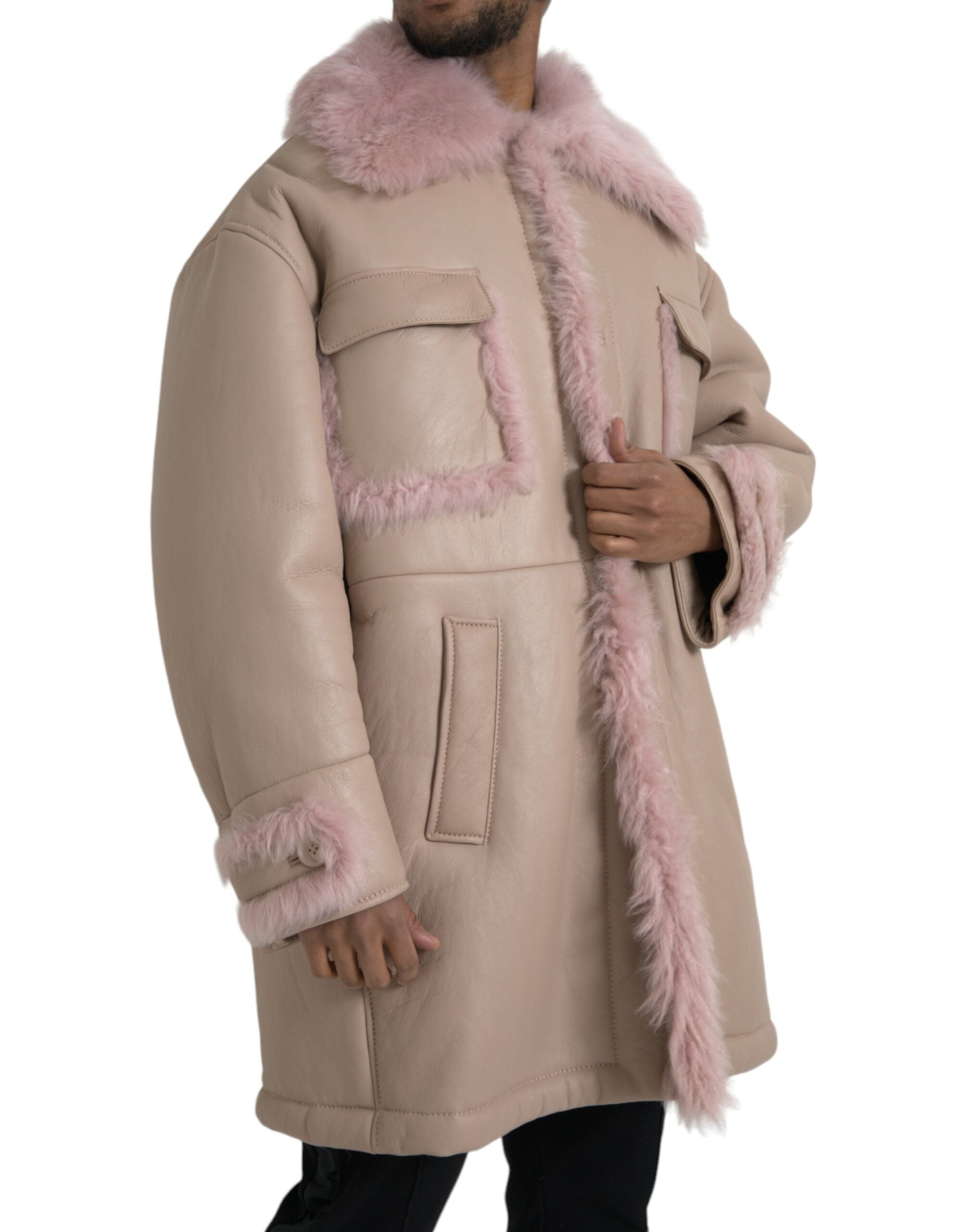 Beige Pink Lamb Leather Shearling Coat Jacket