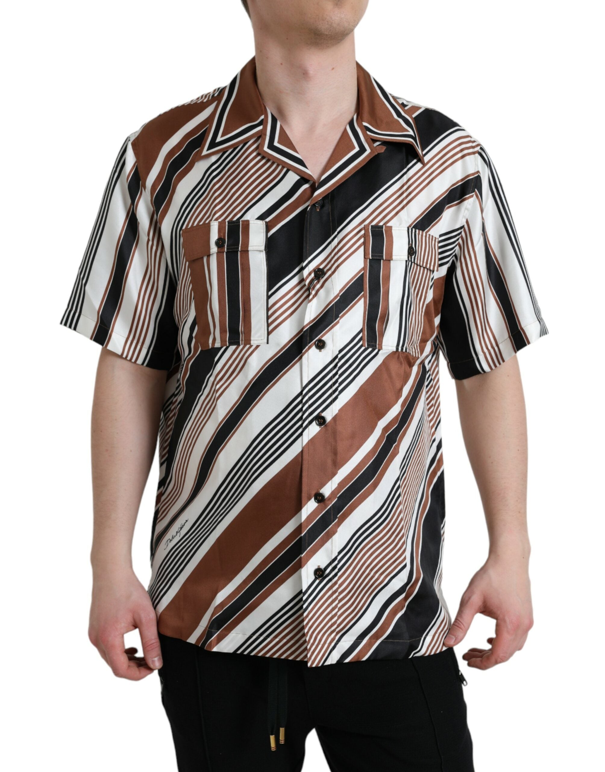 Brown White Silk Striped Short Sleeve Shirt