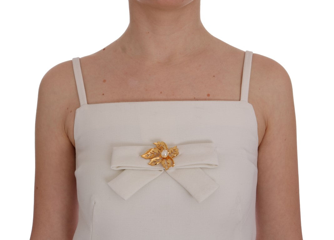 Buy Elegant White Wool Shift Dress with Gold Brooch by Dolce & Gabbana