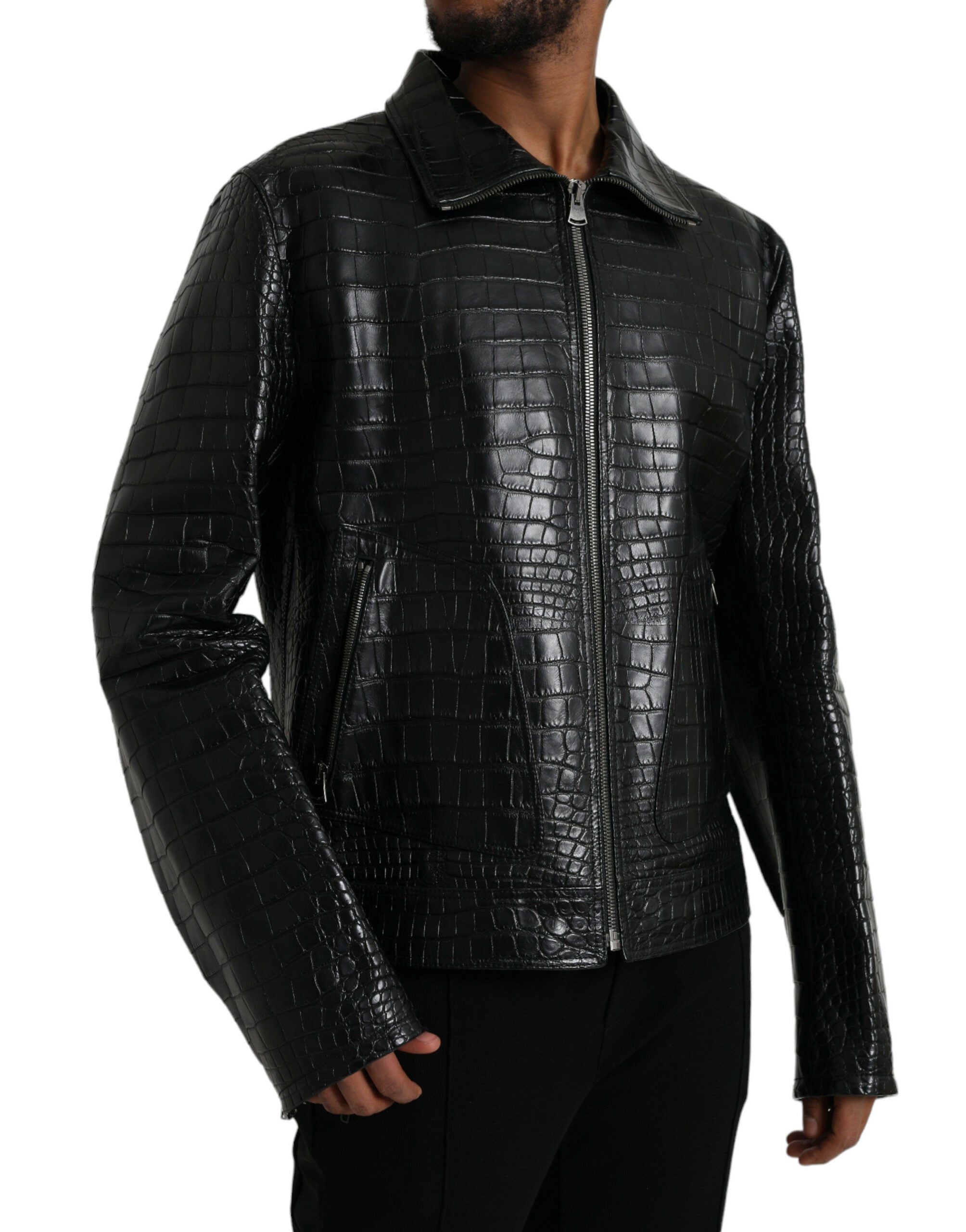 Black Exotic Leather Full Zip Jacket