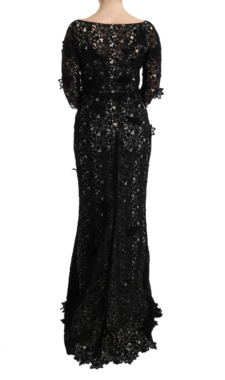 Buy Elegant Black Maxi Shift Dress with Floral Applique by Dolce & Gabbana