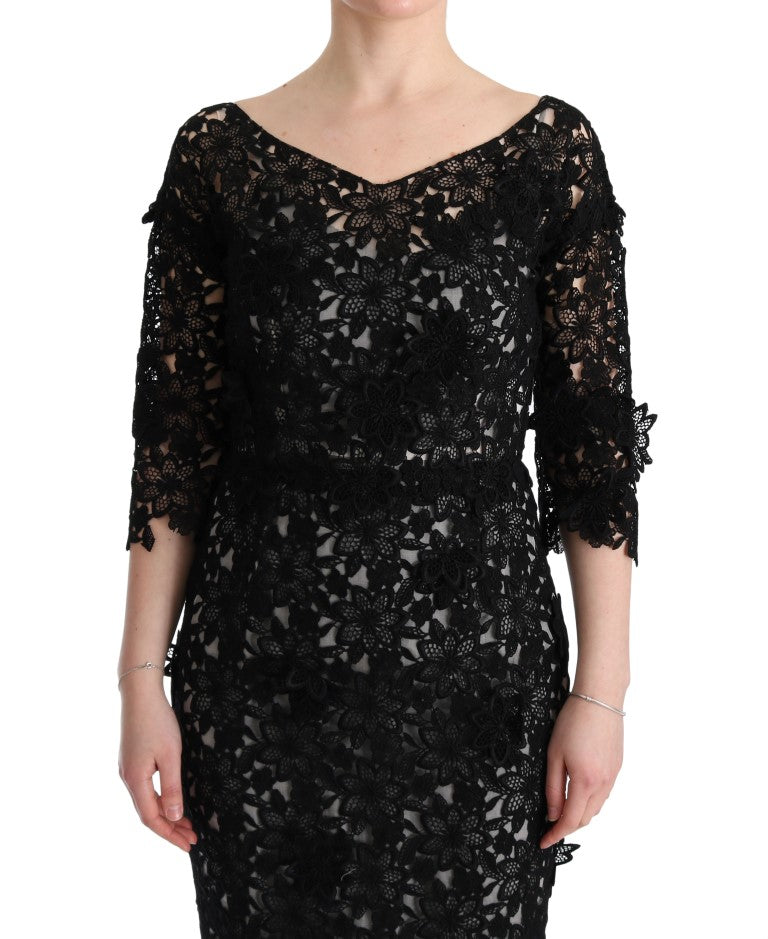 Buy Elegant Black Maxi Shift Dress with Floral Applique by Dolce & Gabbana