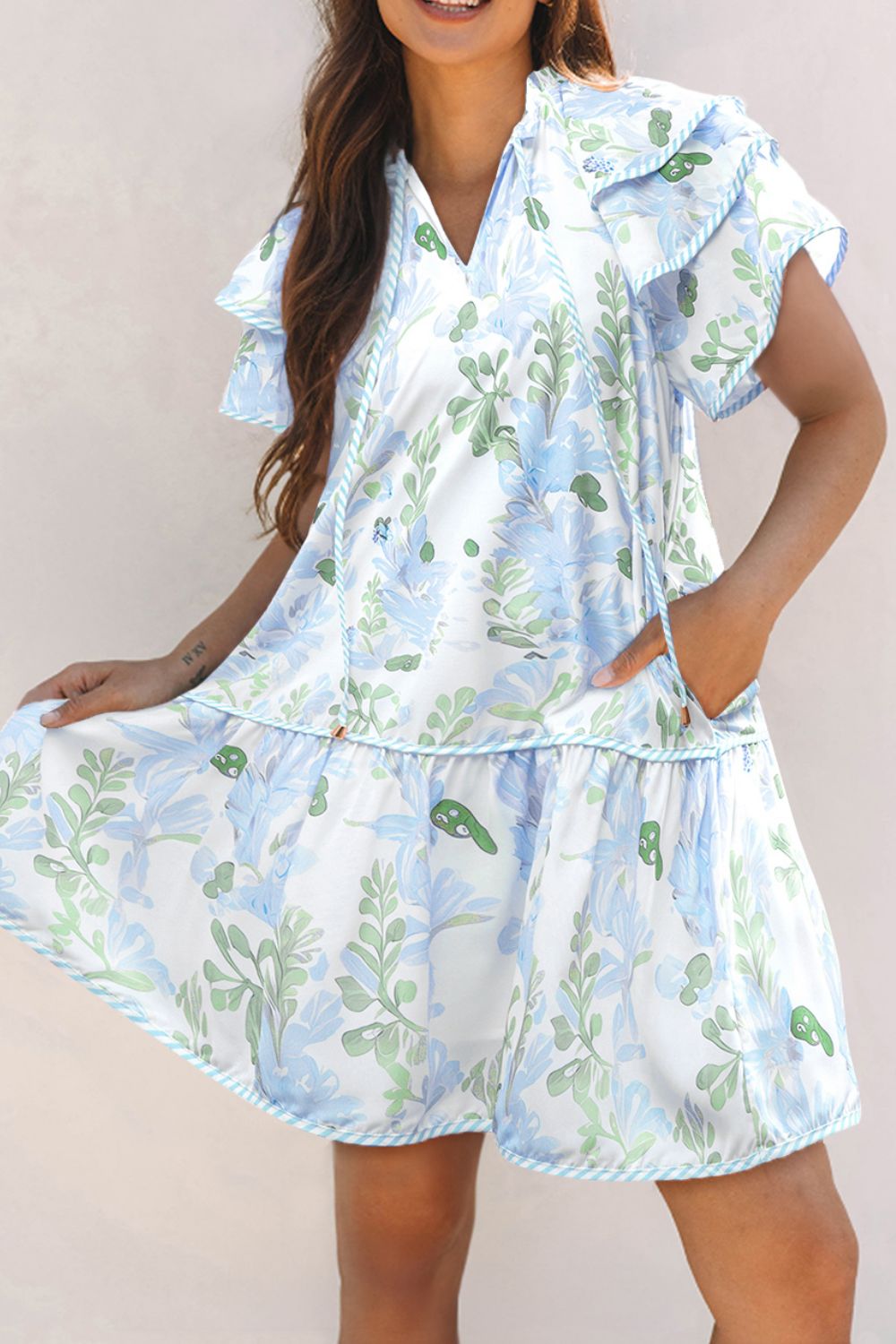 Buy Floral Contrast Edge Layered Short Sleeve Mini Dress by Faz