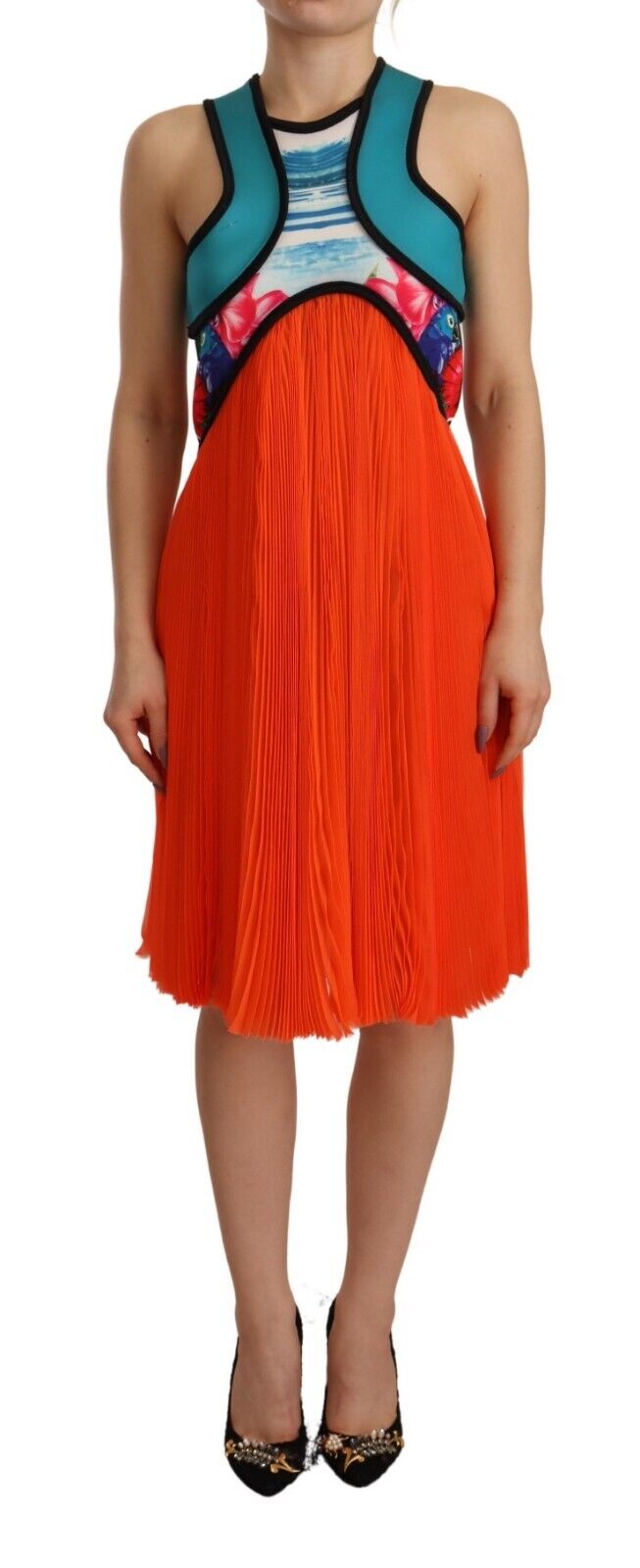 Multicolor Silk Sleeveless Pleated Knee Length Dress