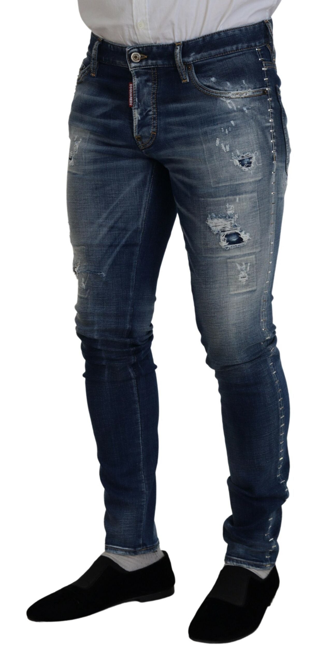 Blue Washed Cotton Tattered Skinny Denim Jeans