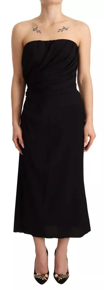 Black Silk Stretch Strapless Sheath Midi Dress