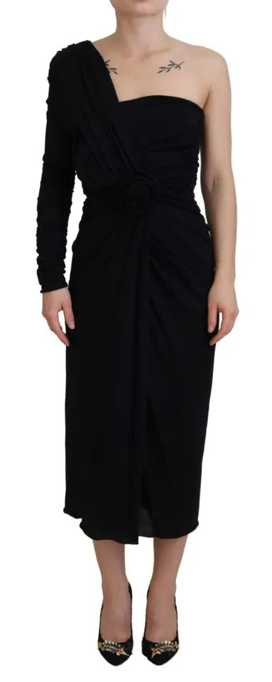 Black Wrap Sheath One Shoulder Wool Dress