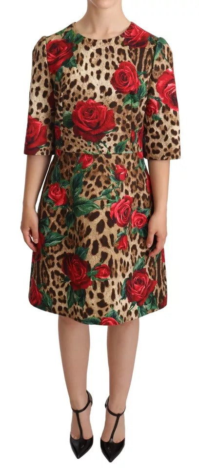 Brown Leopard Red Roses Cotton A-line Dress