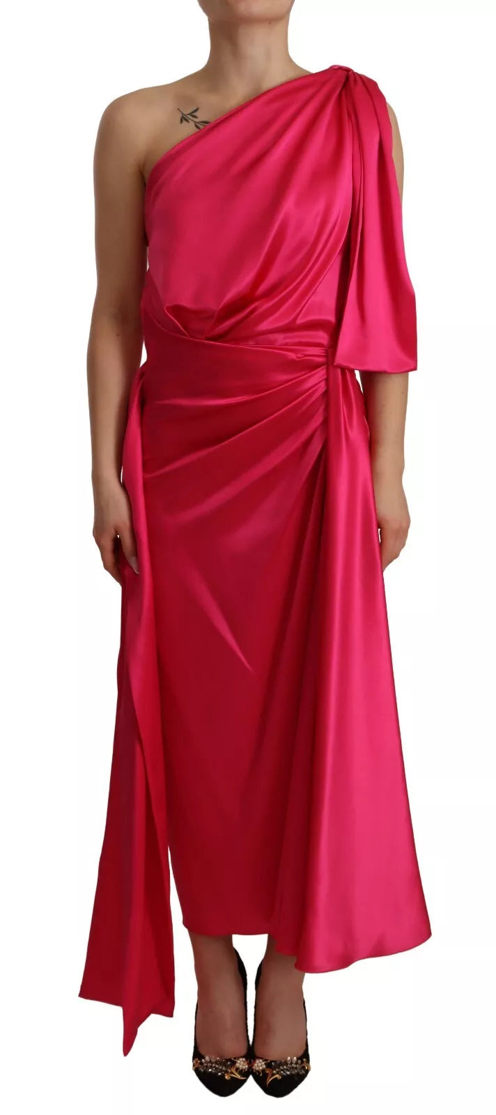 Silk Pink Fitted Cut One Shoulder Midi Dress