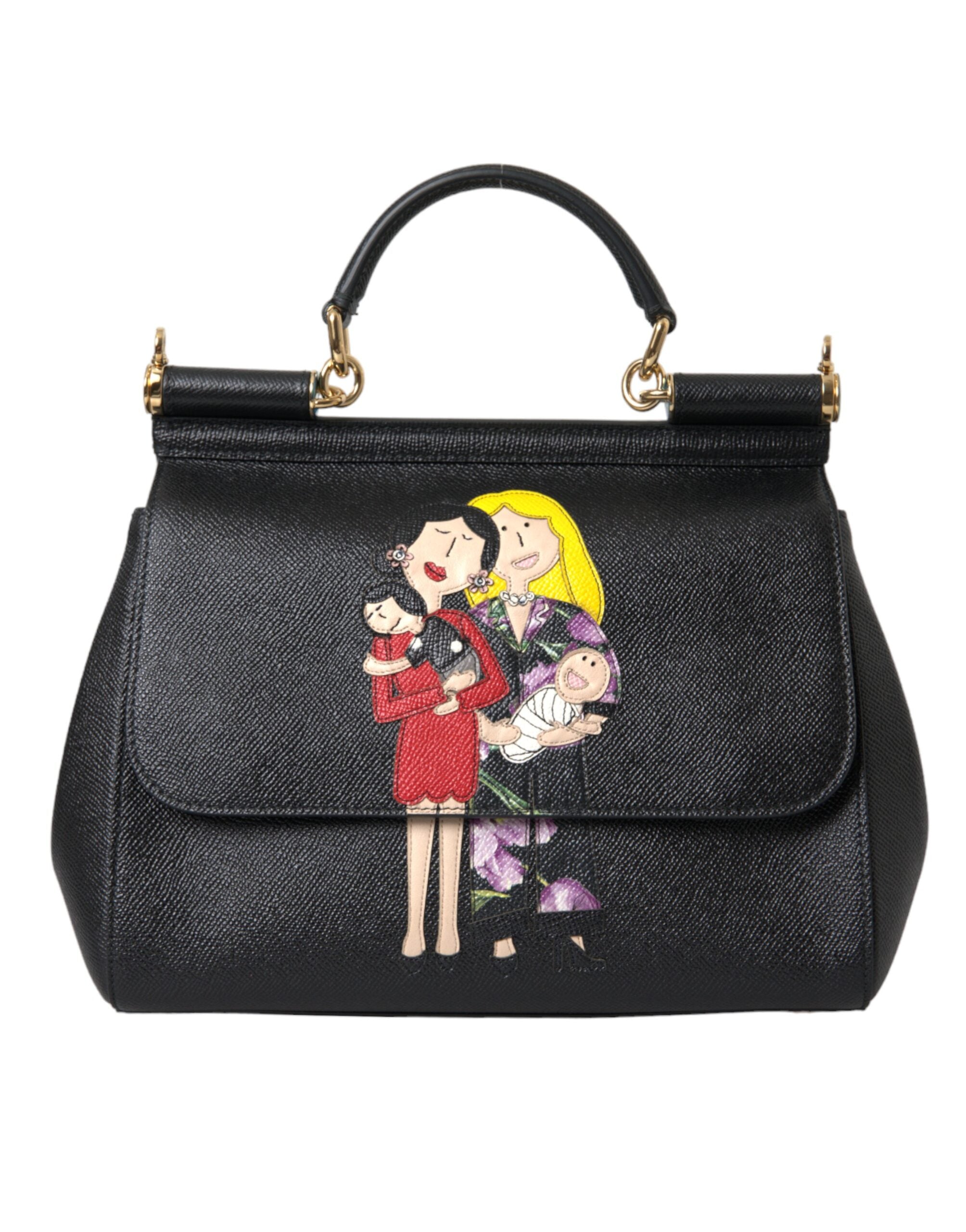 Black Leather #DGFamily Patch Top Handle Bag