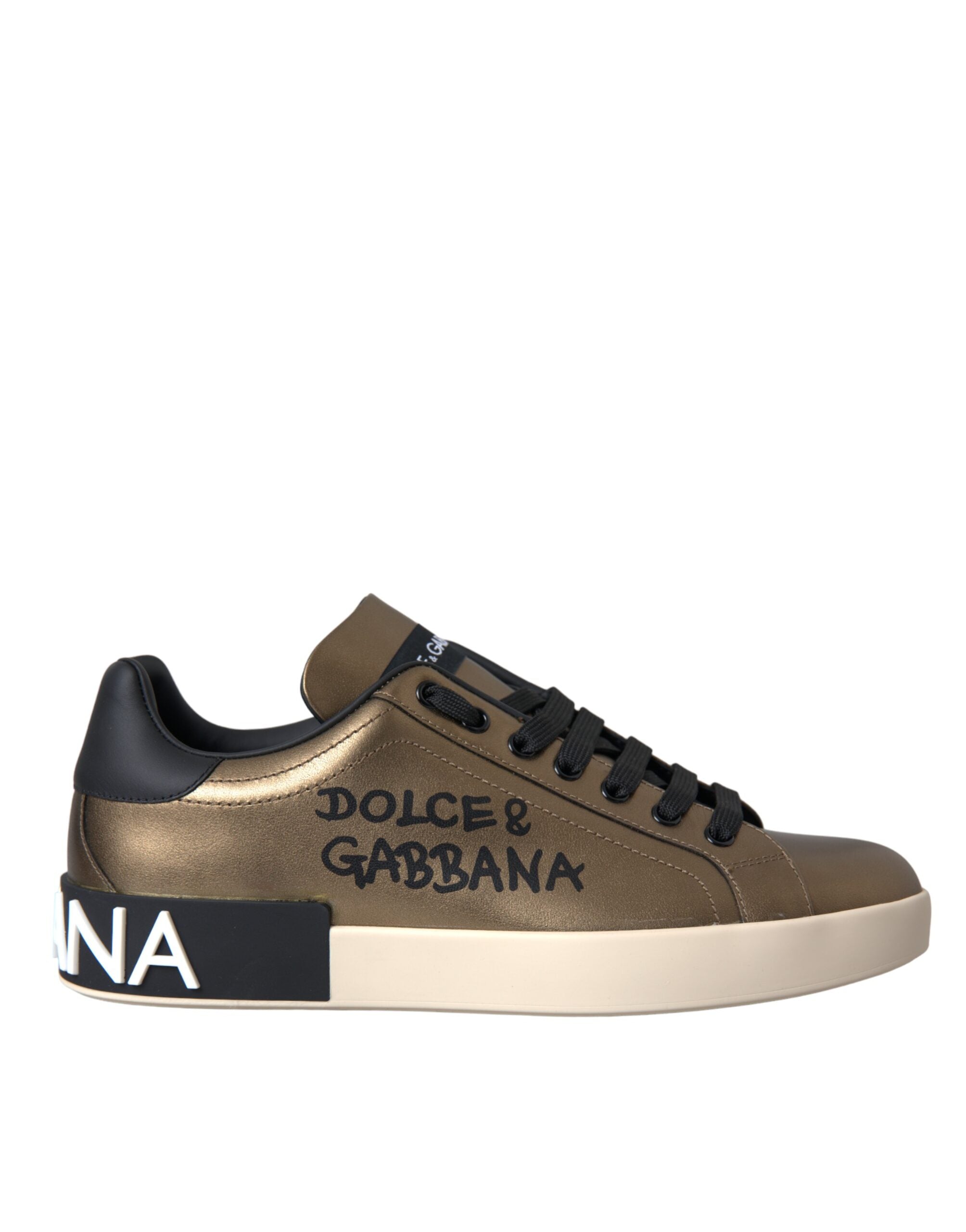 Gold Black Portofino Calf Leather Sneakers Shoes