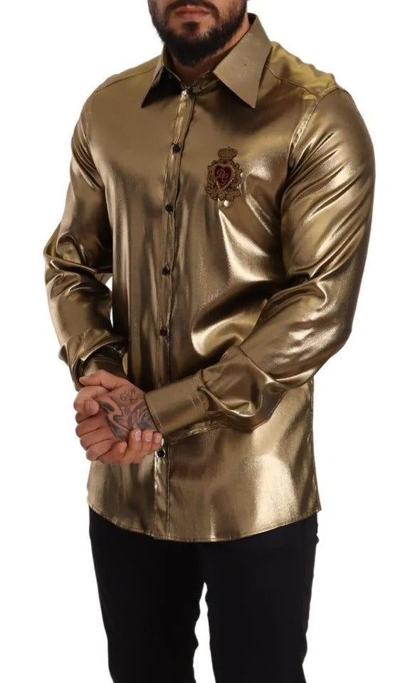 Buy Metallic Gold DG Embroidered Crown Silk Top Shirt by Dolce & Gabbana