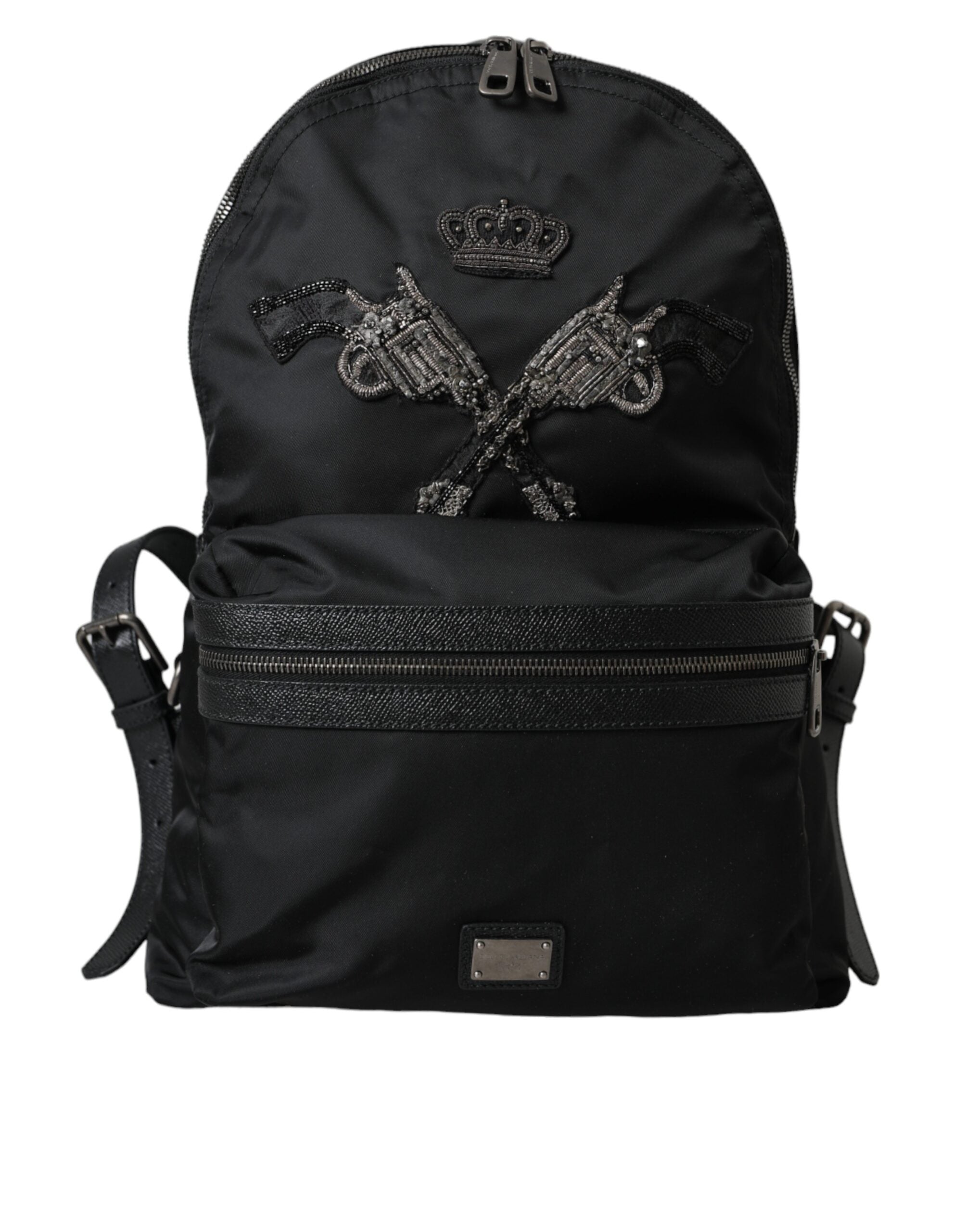 Black Nylon Crown Embellished Backpack Bag