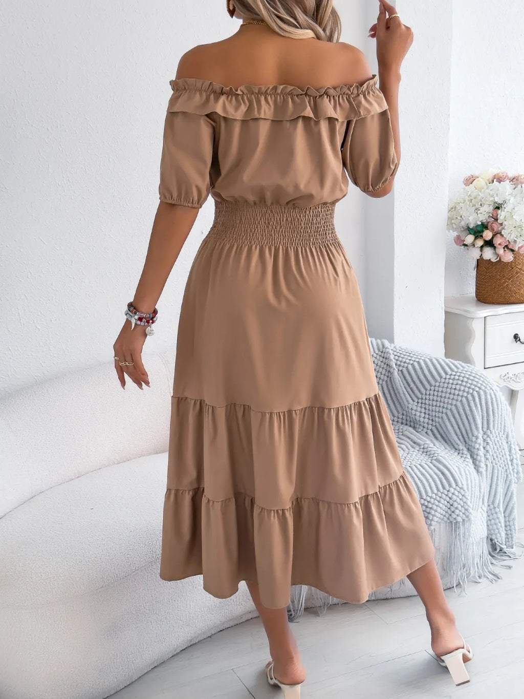 Buy Smocked Off-Shoulder Tiered Dress by Faz