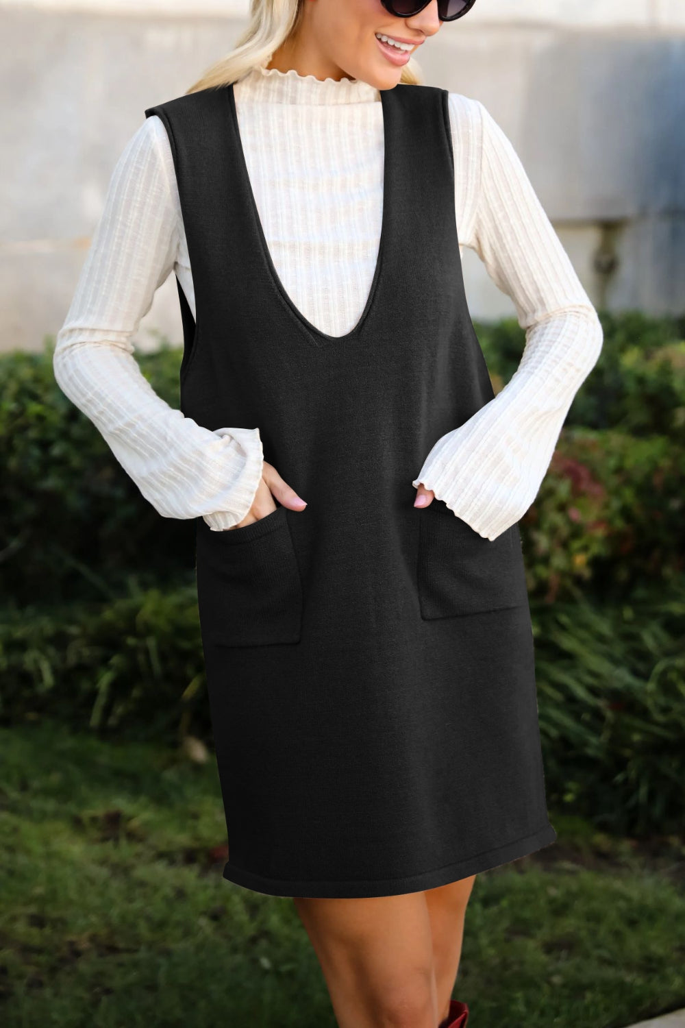 Buy Pocketed V-Neck Mini Sweater Overall Dress by Faz