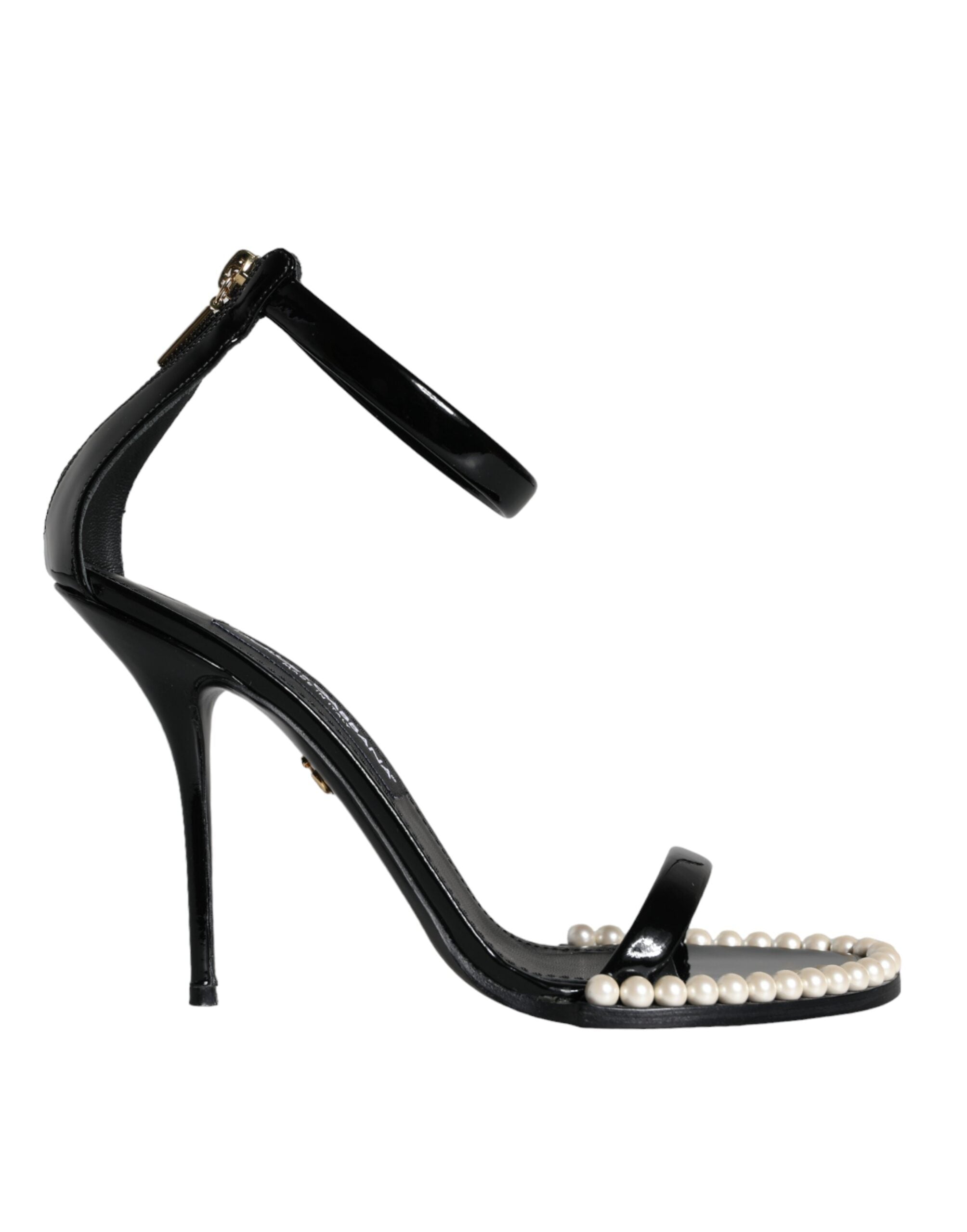 Black Keira Leather Faux Pearl Sandals Heels Shoes