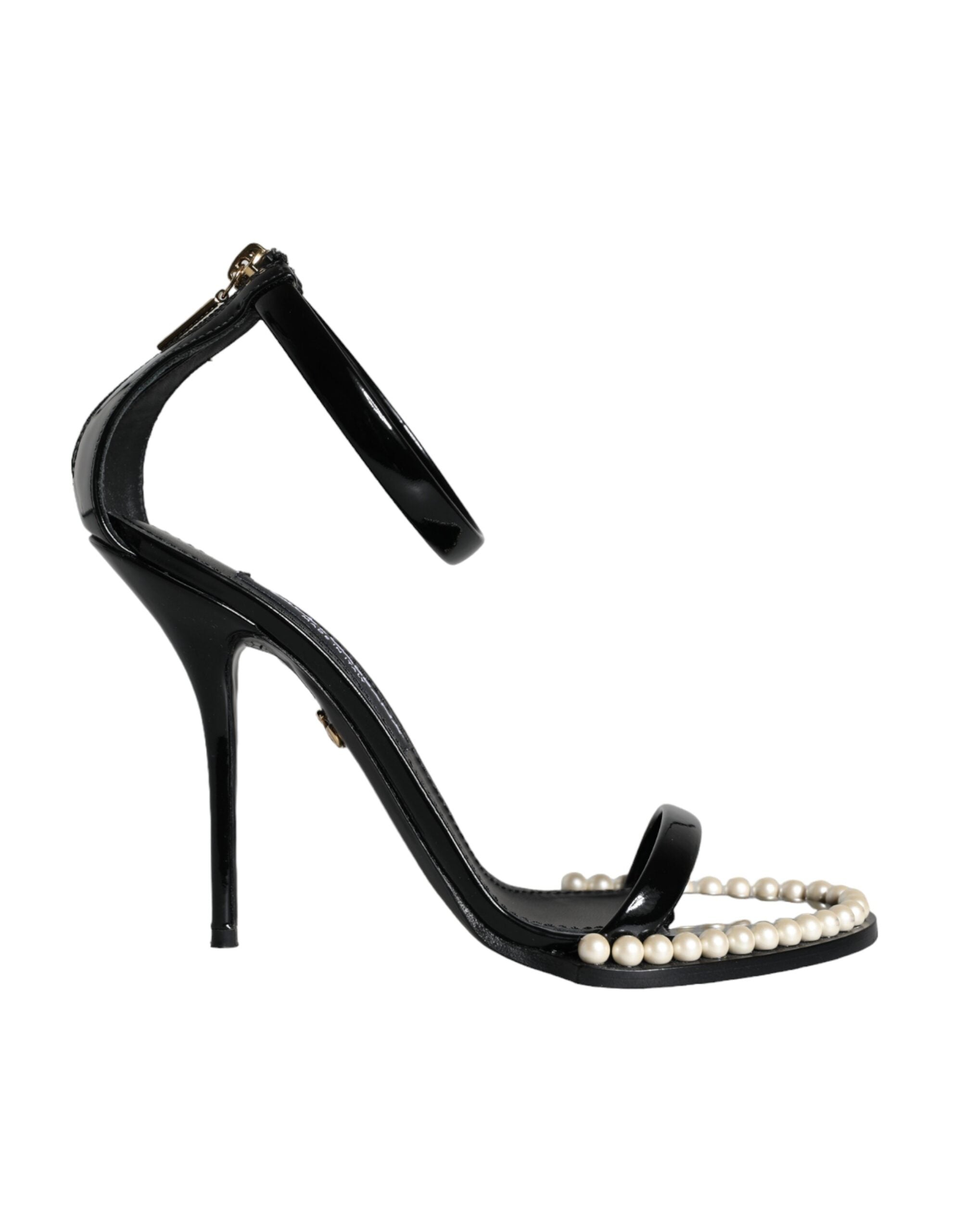 Black Keira Leather Faux Pearl Sandals Heels Shoes