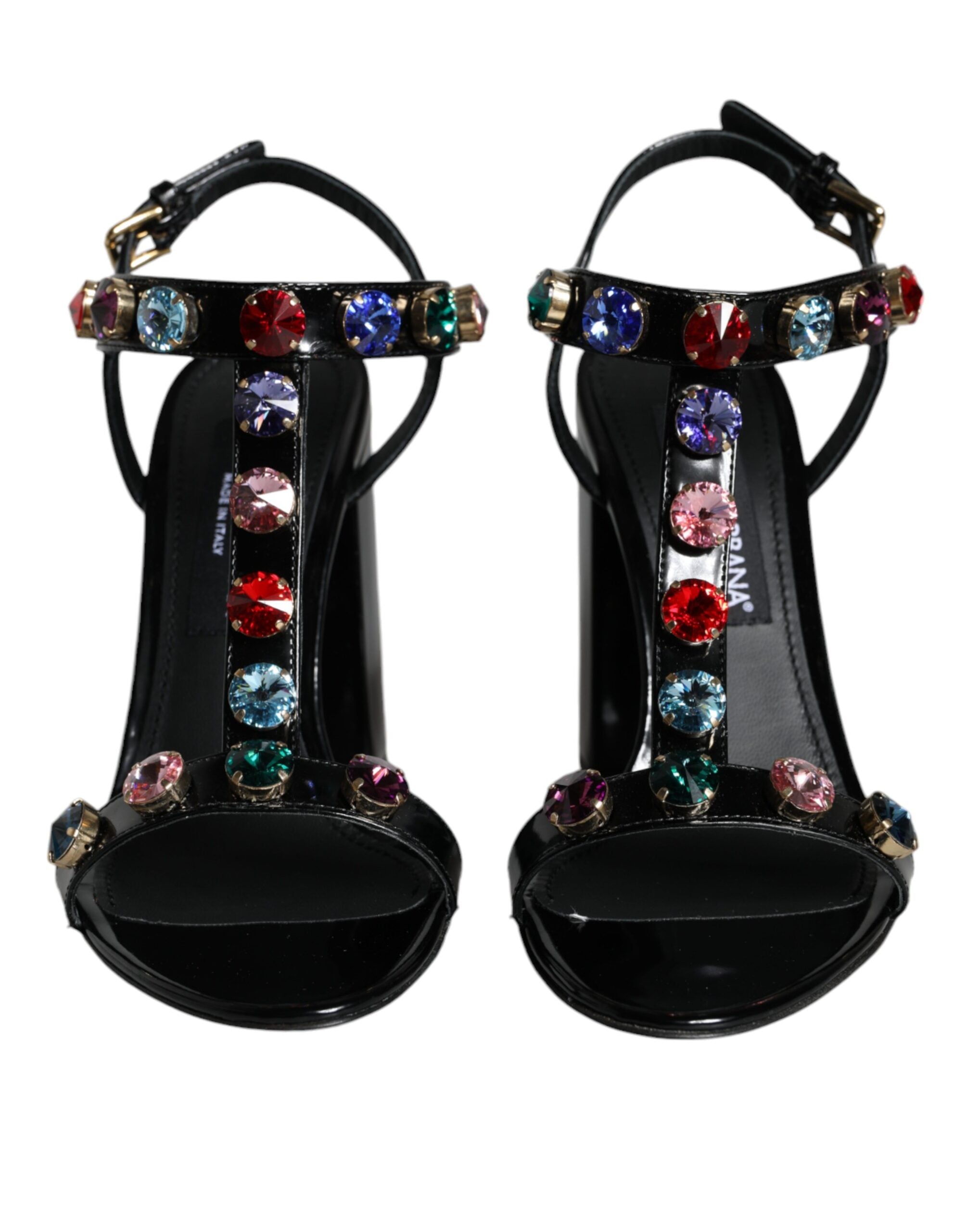 Black Crystal Leather T-strap Sandals Shoes