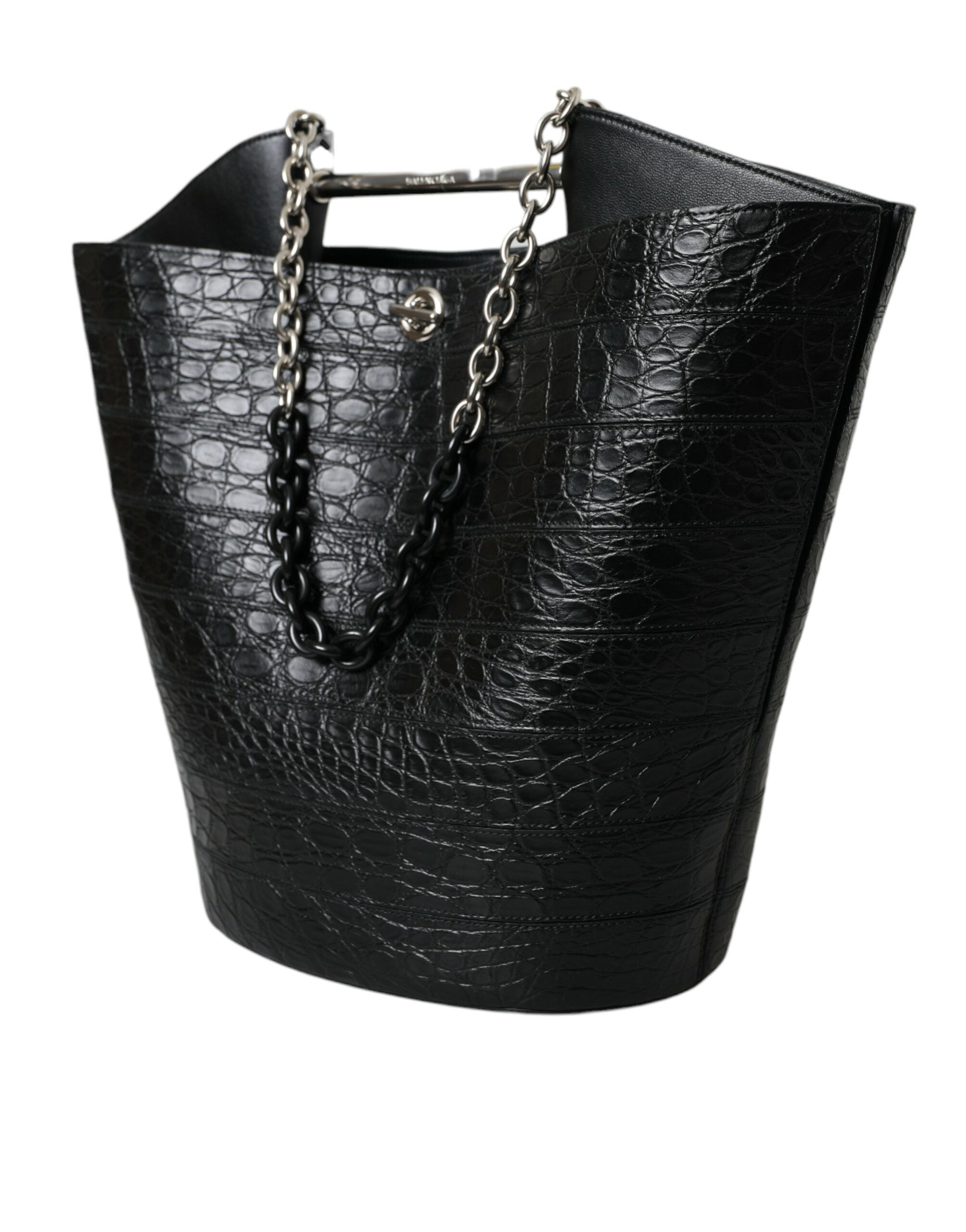 Elegant Black Crocodile Leather Maxi Bucket Bag