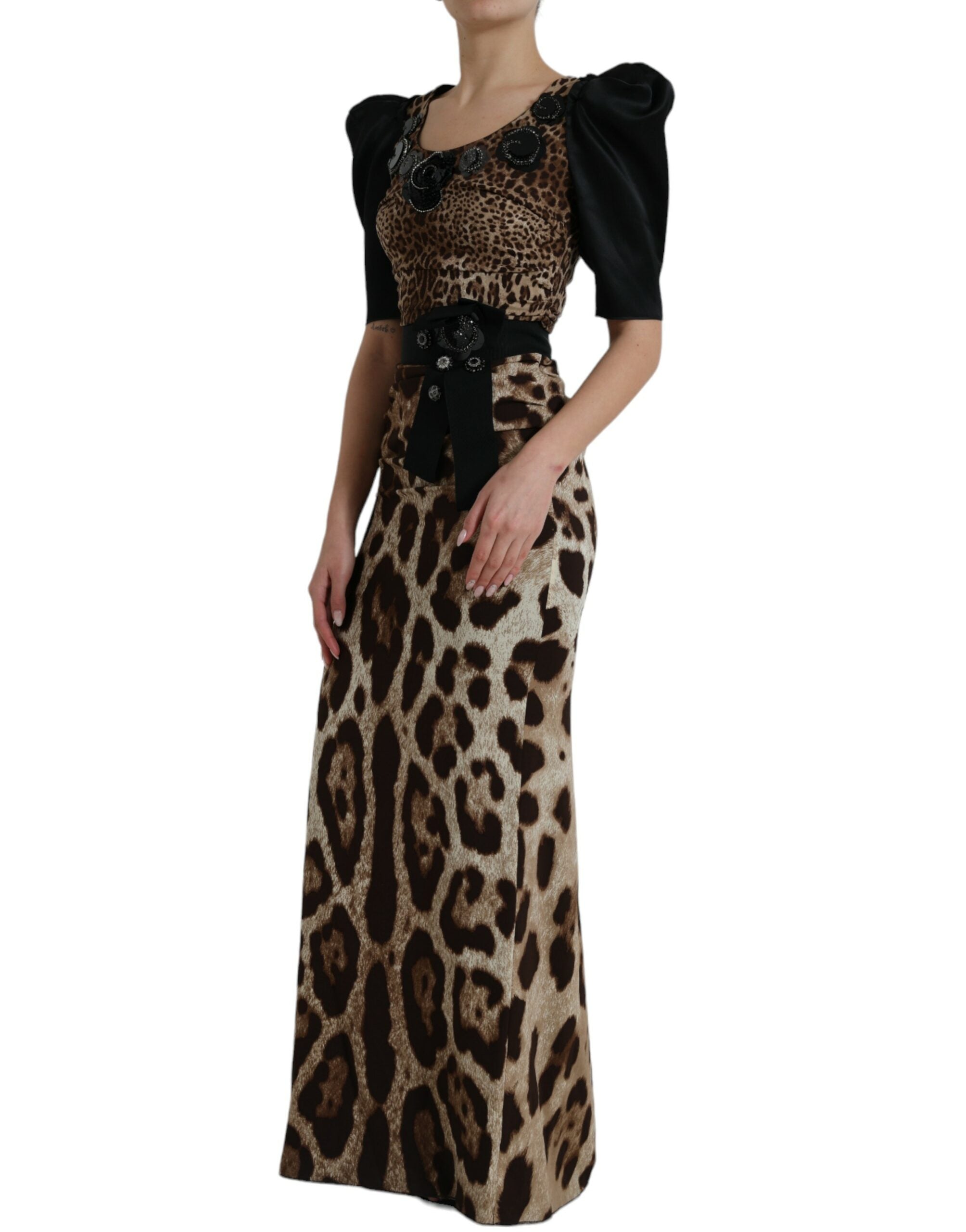 Silk Leopard Embellished Long Dress