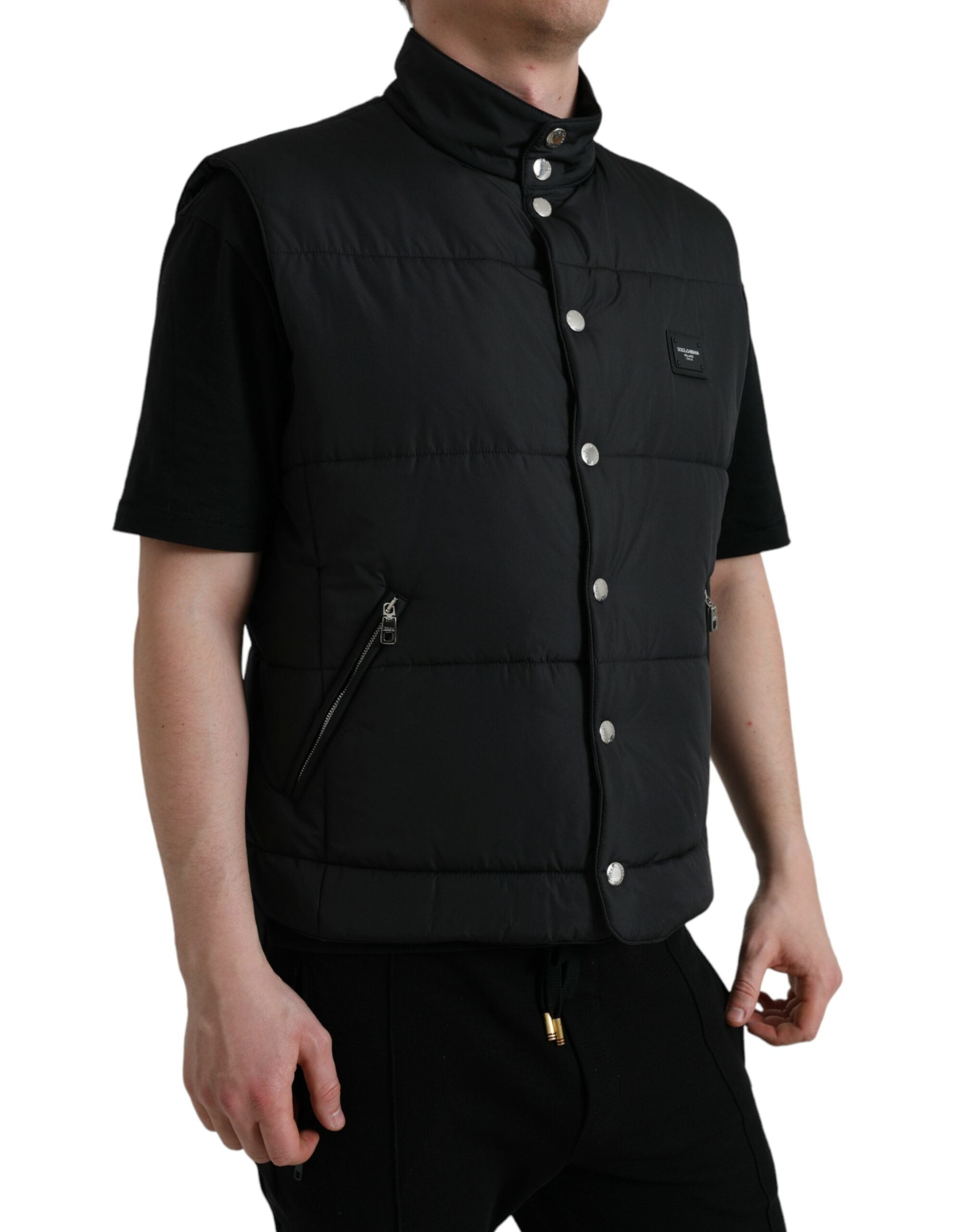 Sleek Black High-Neck Vest Jacket