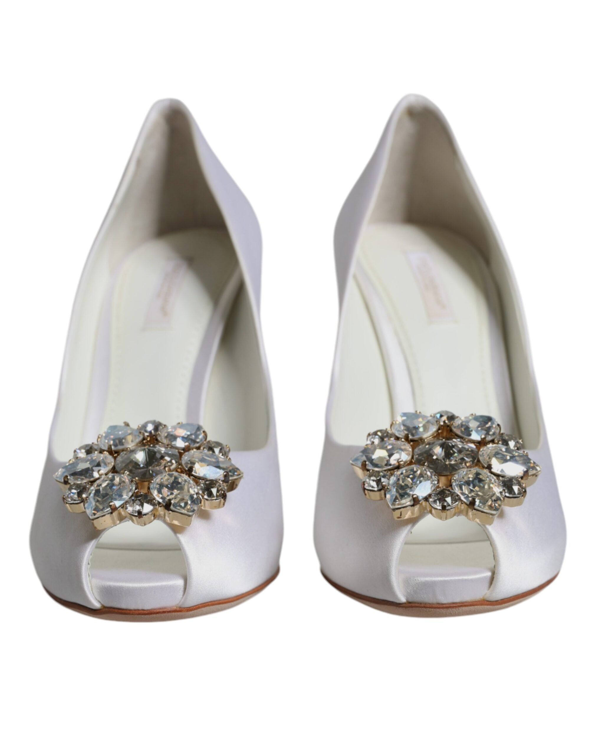 White Crystals Peep Toe Satin Pumps Shoes