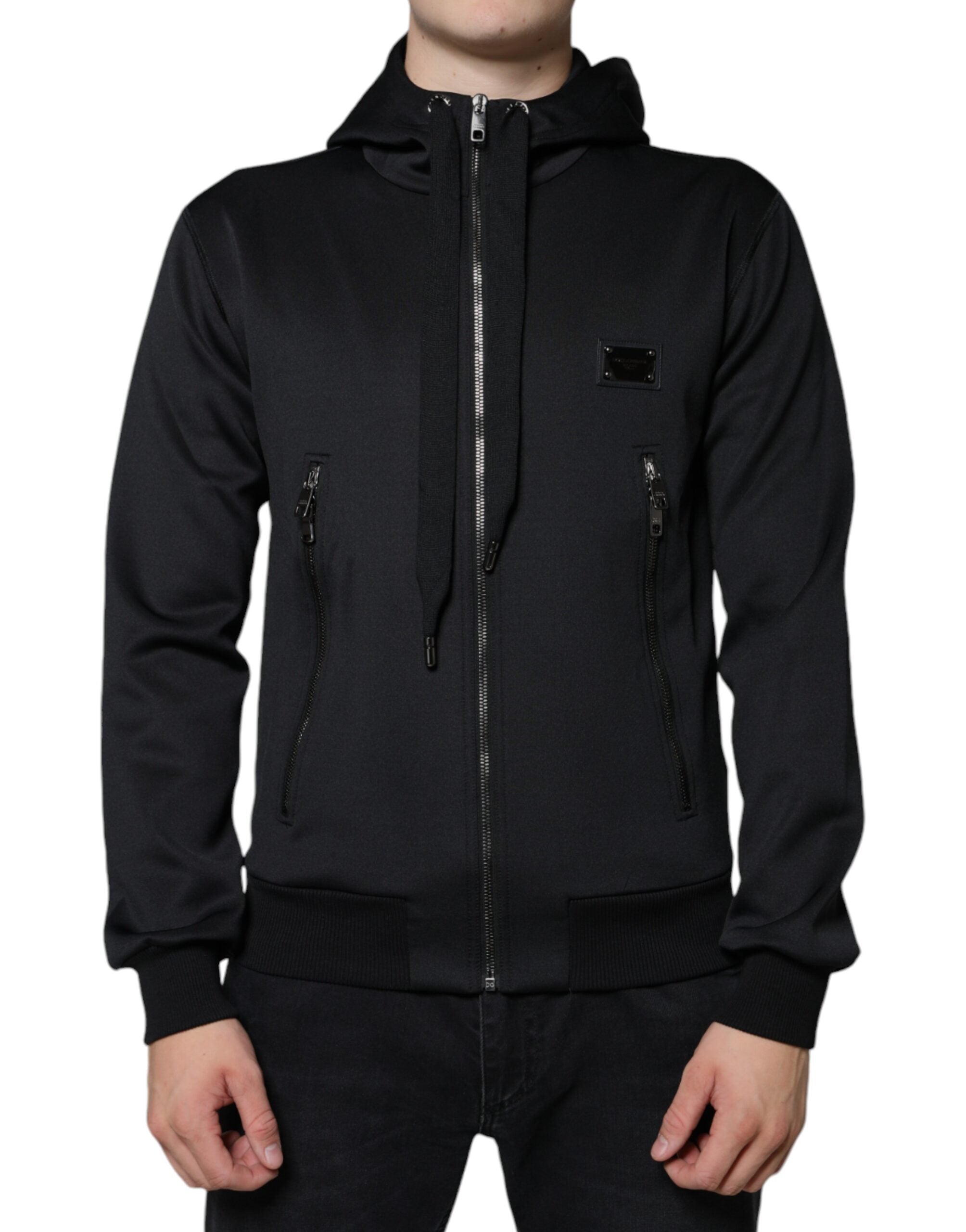 Black Hooded Logo Plaque Bomber Jacket