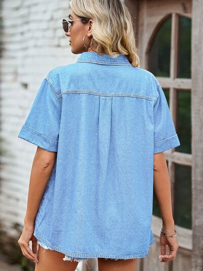 Buy Pocketed Button Up Short Sleeve Denim Shirt by Manny