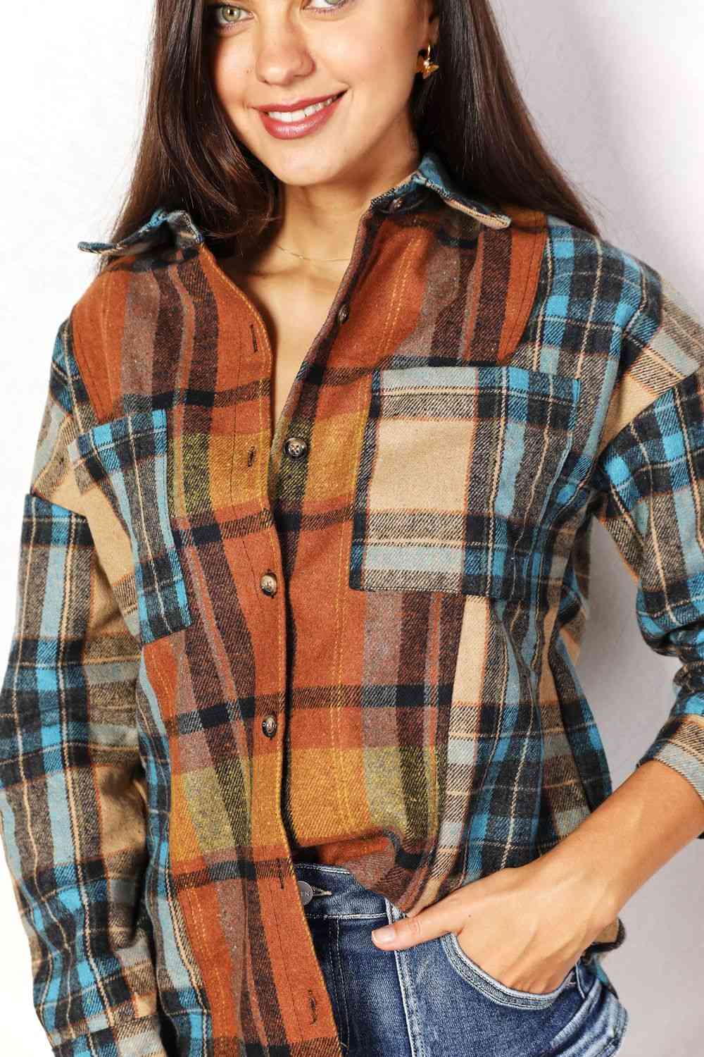 Buy Plaid Curved Hem Shirt Jacket with Breast Pockets by Double Take