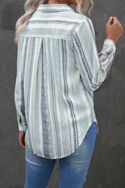 Buy Striped Collared Neck Long Sleeve Shirt by SYNZ