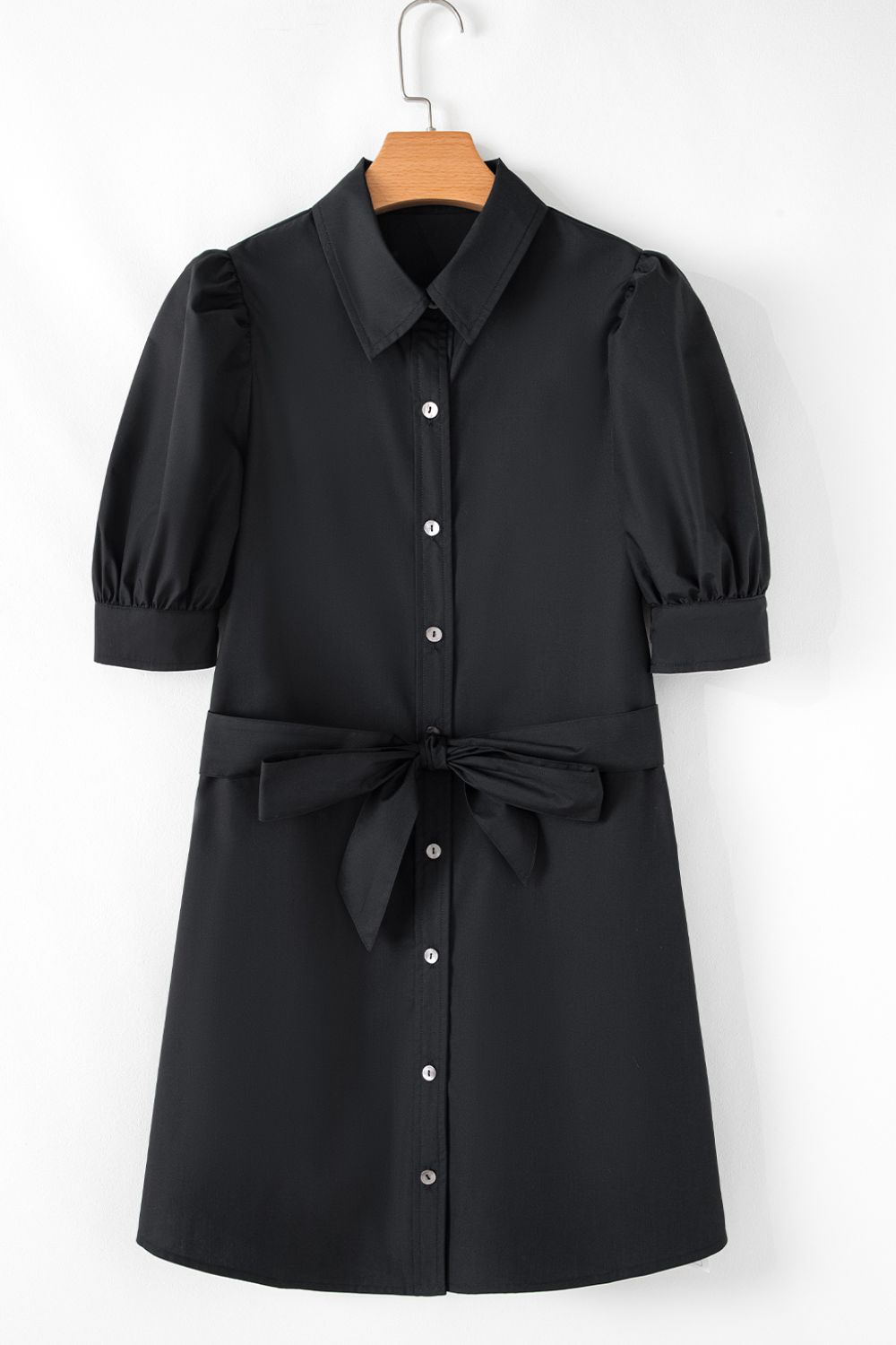 Buy Button Up Tie Waist Puff Sleeve Mini Shirt Dress by Faz