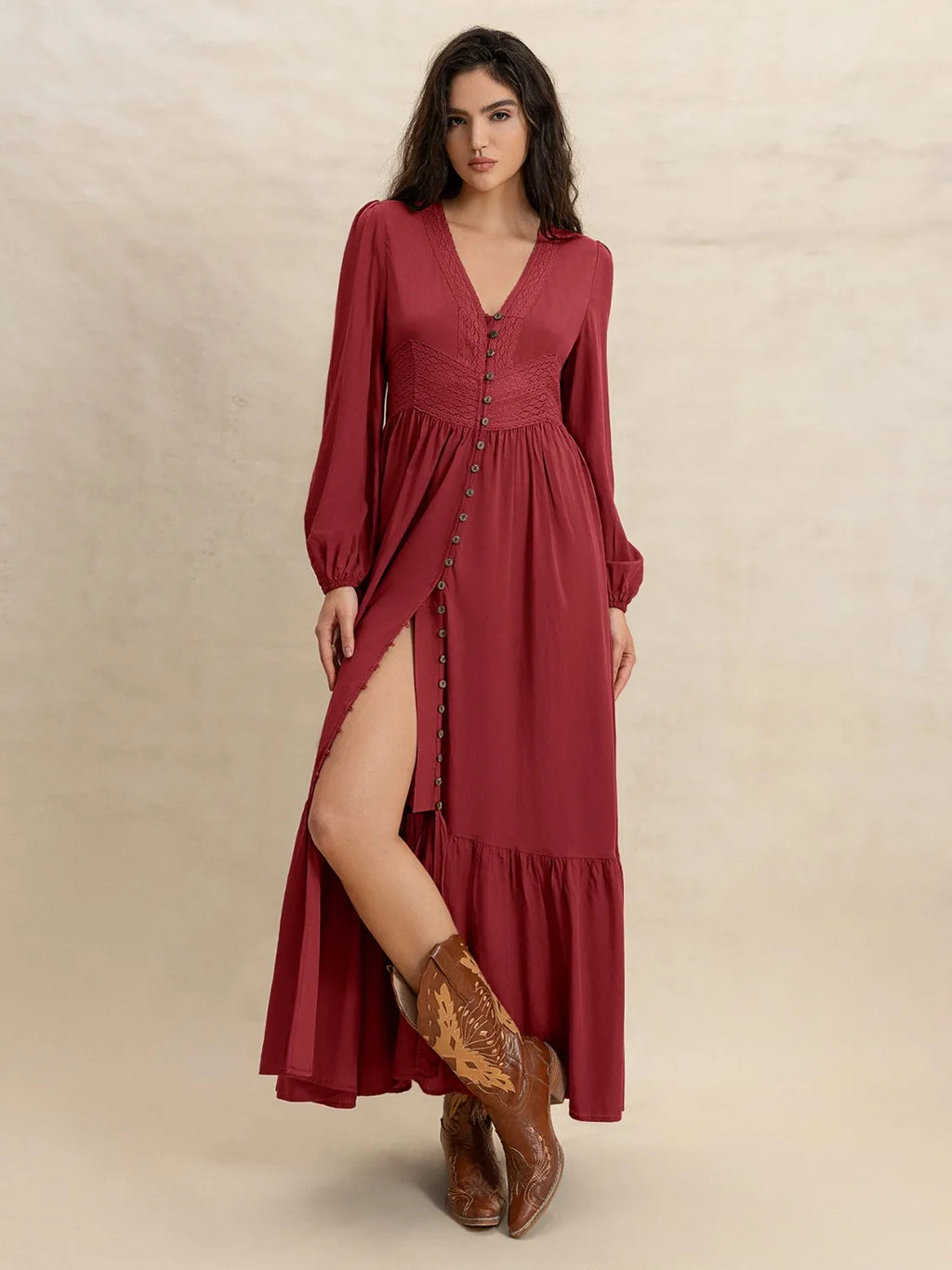 Buy V-Neck Balloon Sleeve Ruffled Hem Maxi Dress by Faz