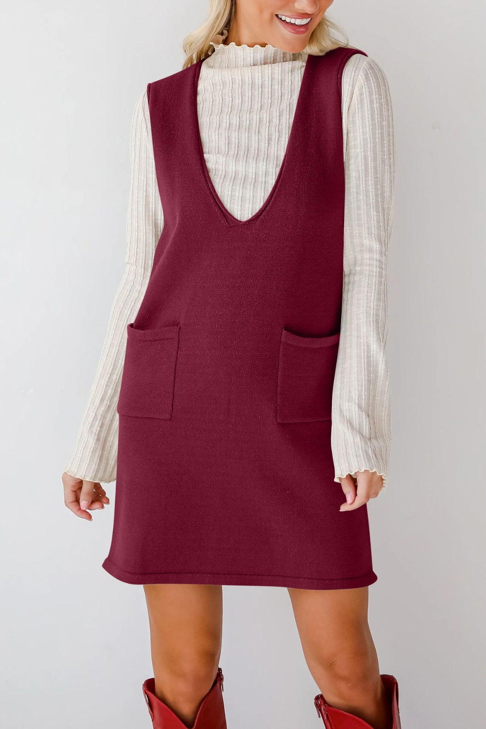Pocketed V-Neck Mini Sweater Overall Dress