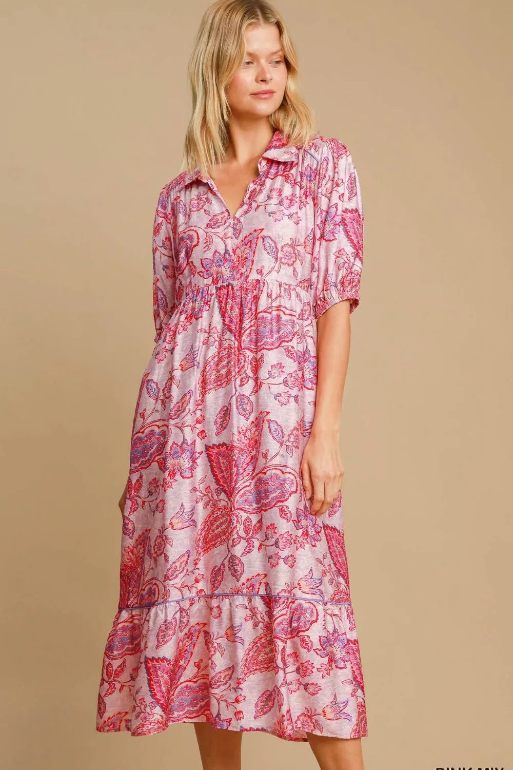 Buy Full Size Ruffled Hem Floral Paisley Print Half Sleeve Midi Dress Plus Size by Faz