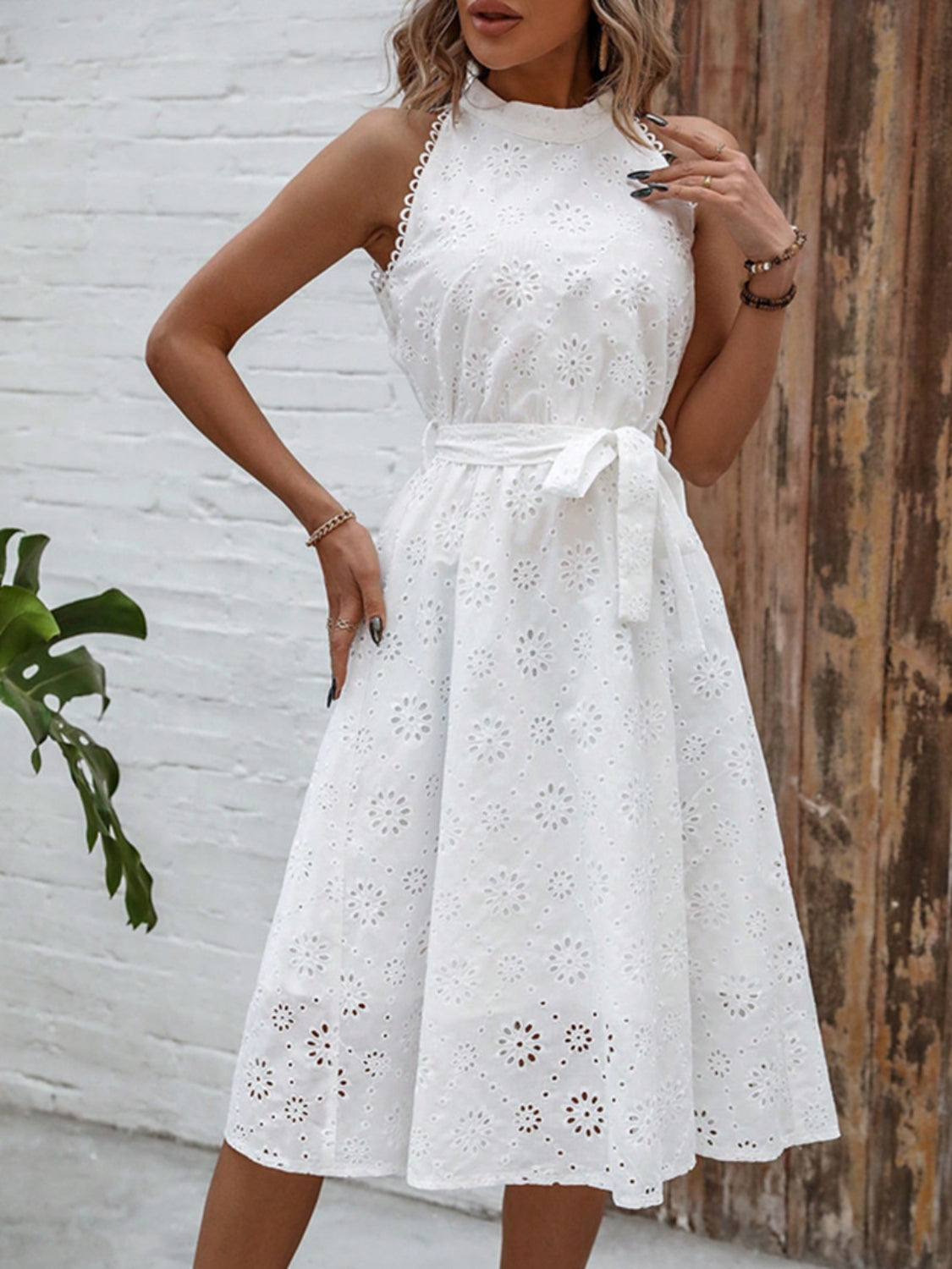 Eyelet Grecian Neck Tie Waist Midi Dress