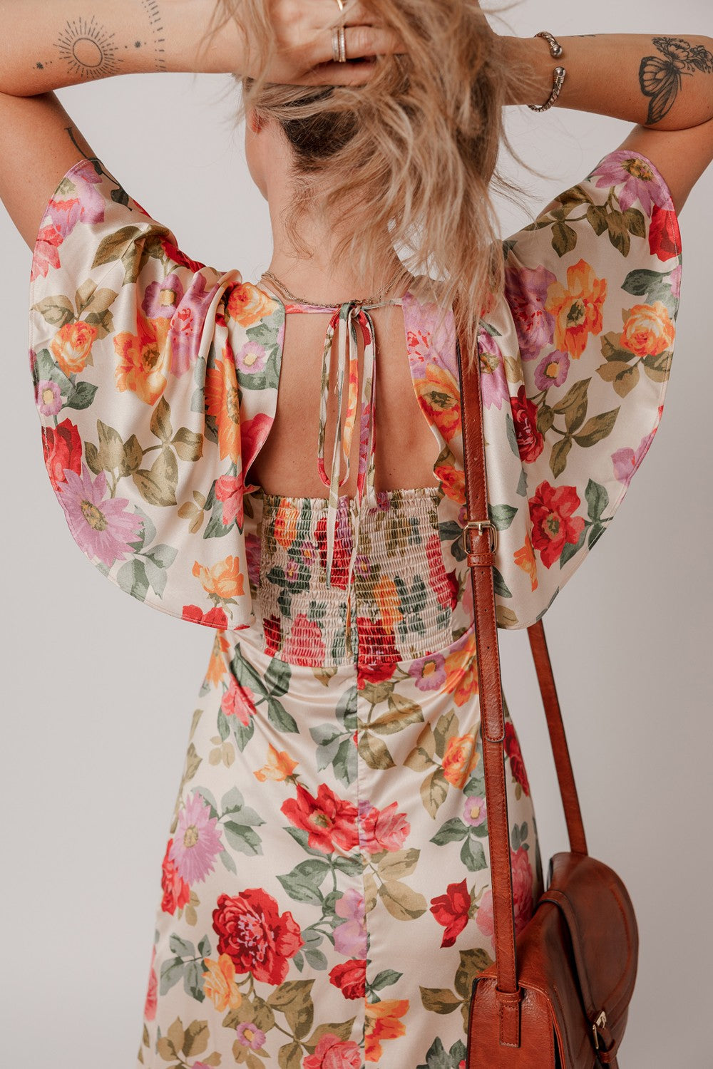 Buy Floral Short Sleeve Tie Back Slit Dress by Faz